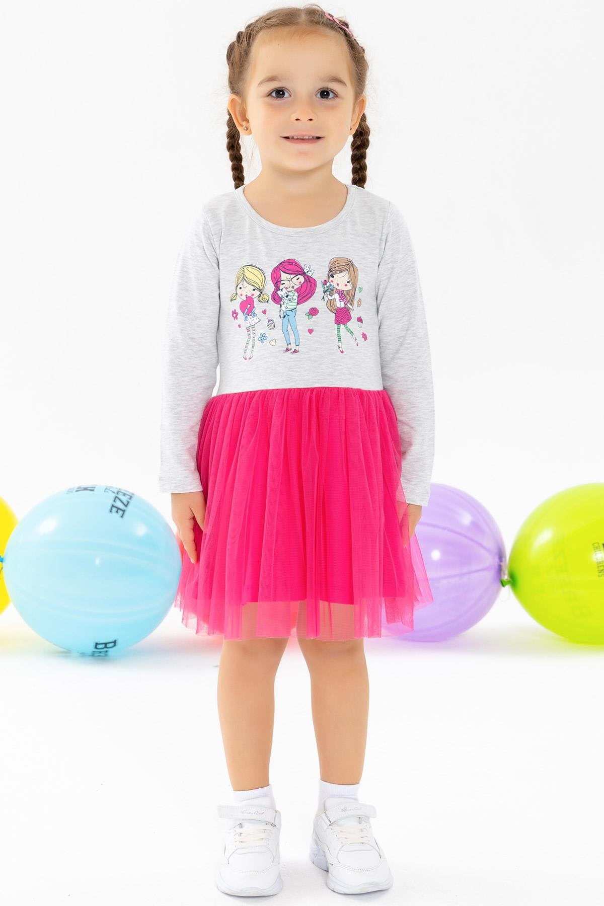 Breeze Kız Çocuk Uzun Kollu Elbise Baskılı Açık Gri Melanj (1.5-5 Yaş)