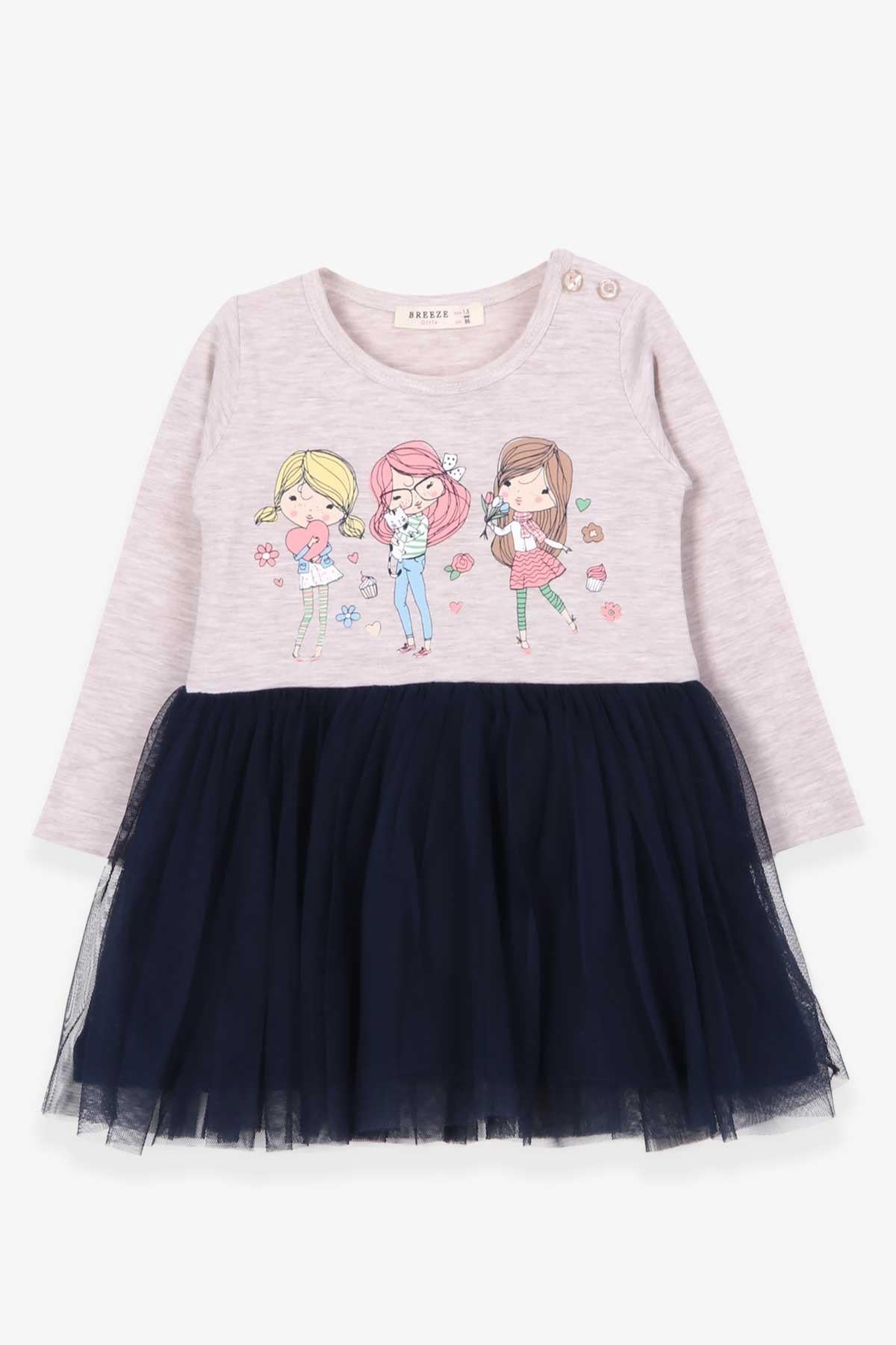 Breeze Kız Çocuk Uzun Kollu Elbise Baskılı Bej Melanj (1.5-5 Yaş)