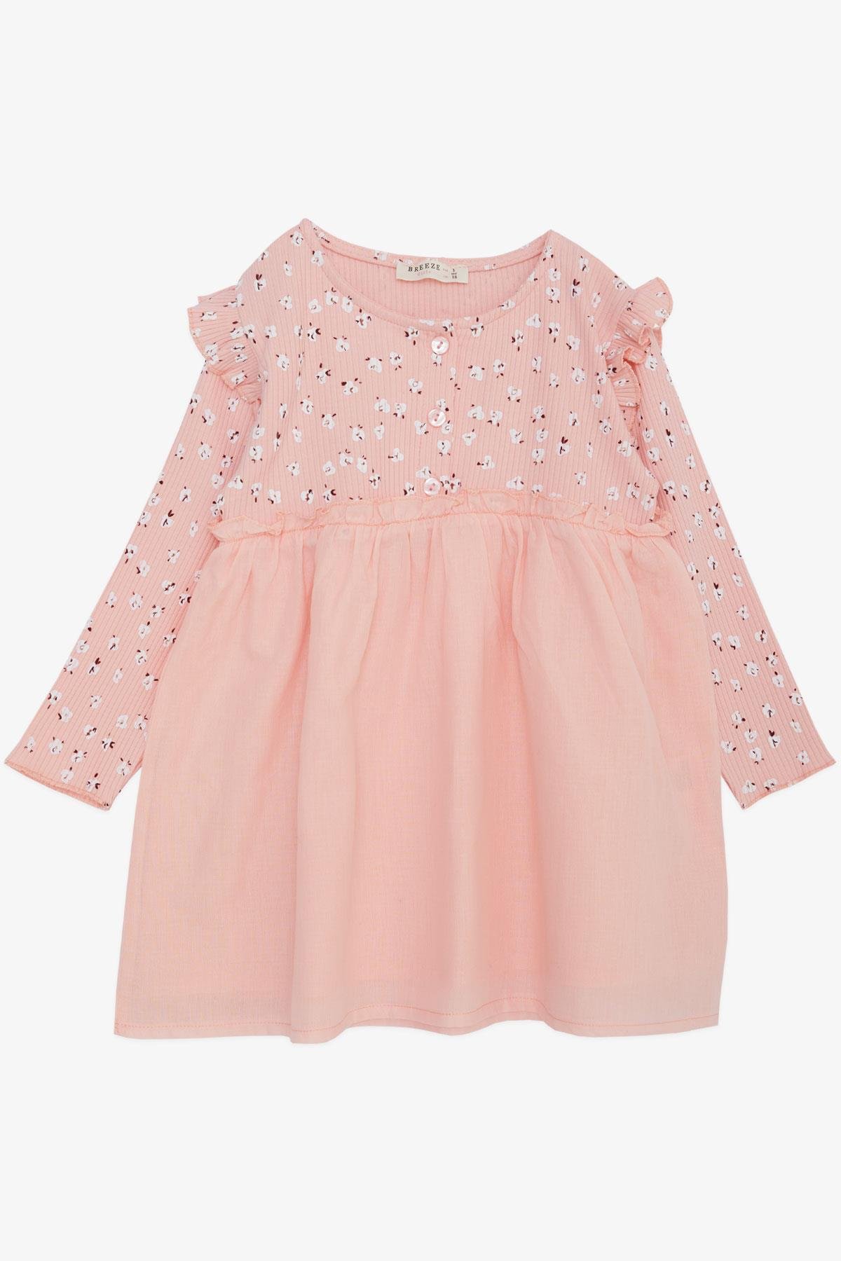 Breeze Kız Çocuk Uzun Kollu Elbise Çiçek Desenli Düğmeli Omuzu Fırfırlı Pembe (2-6 Yaş)