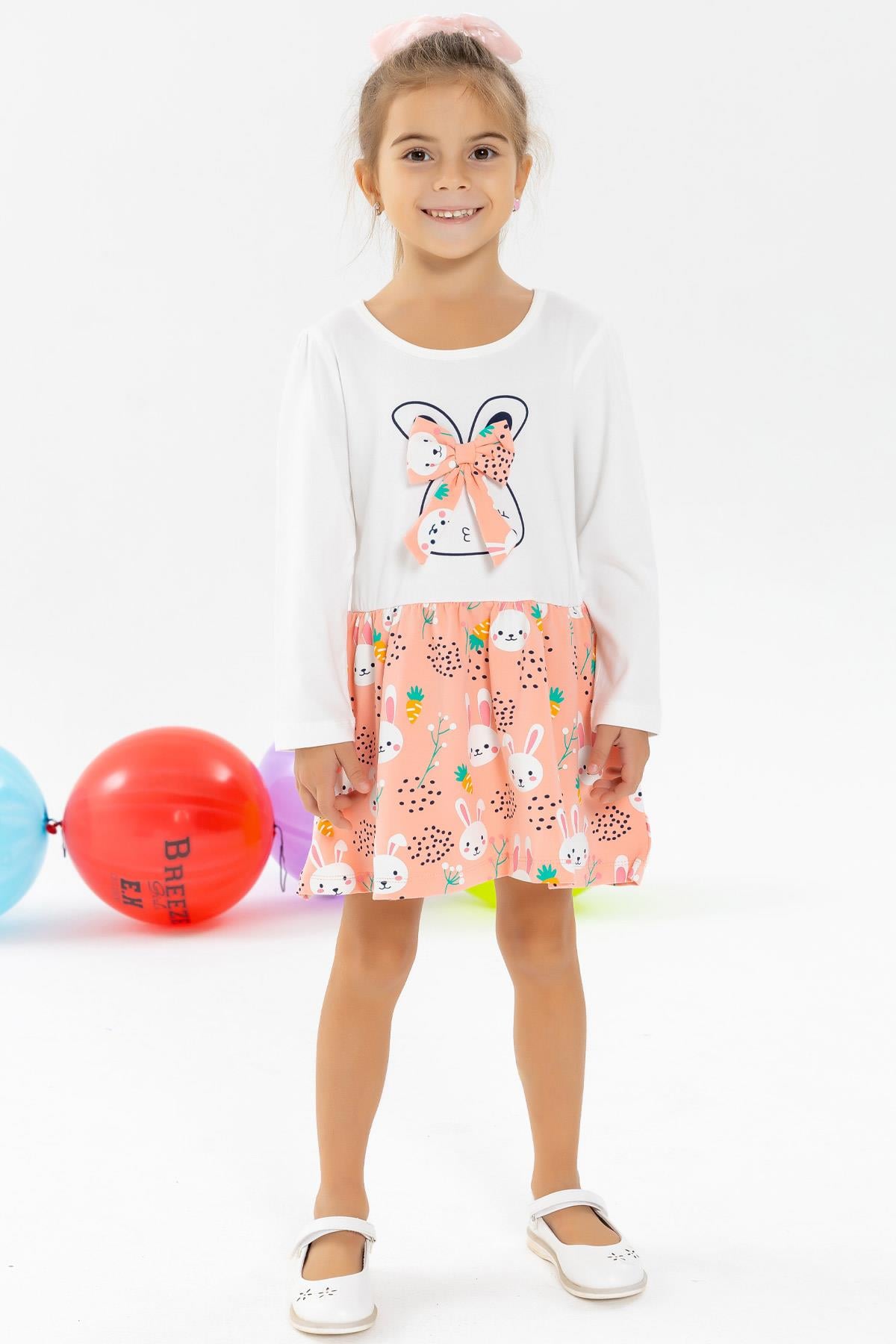 Breeze Kız Çocuk Uzun Kollu Elbise Fiyonklu Tavşan Desenli Ekru (2-6 Yaş)