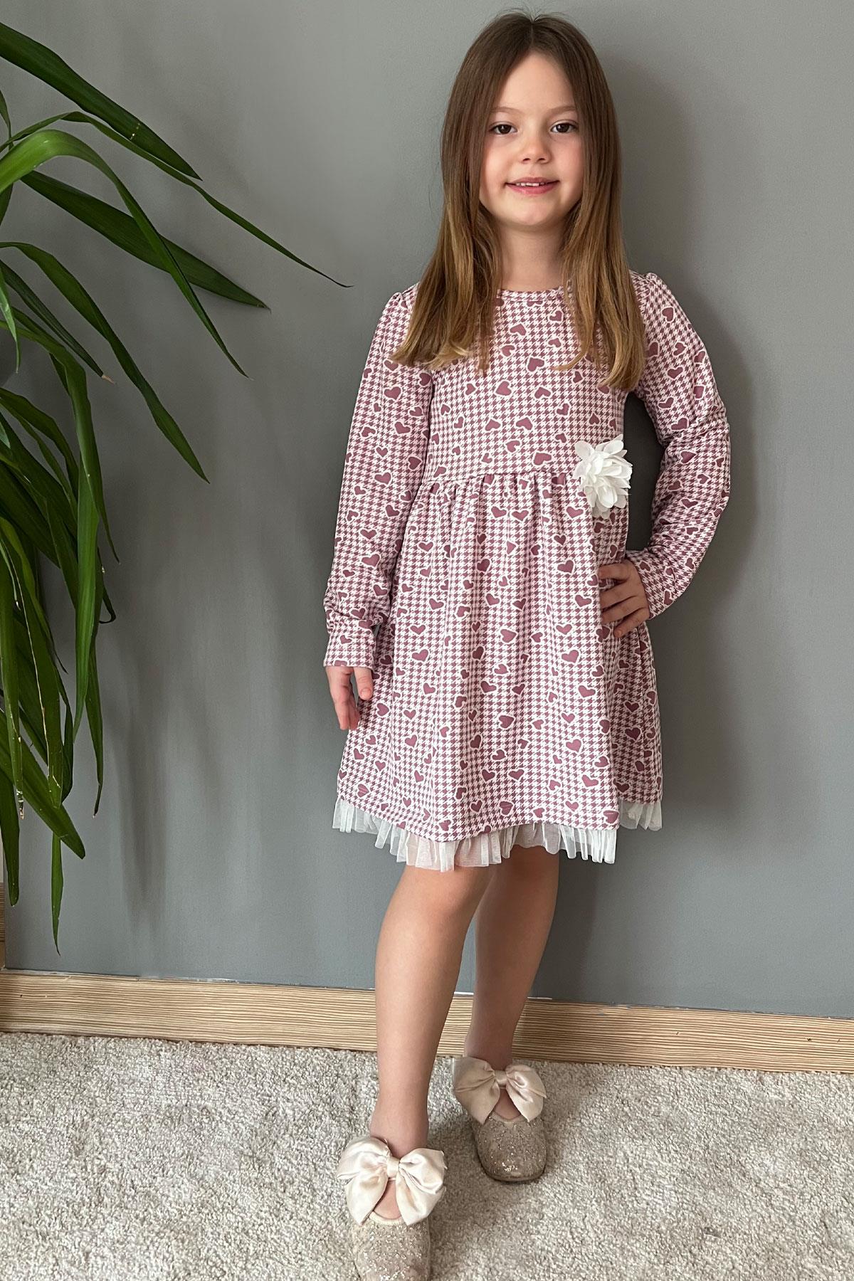 Breeze Kız Çocuk Uzun Kollu Elbise Kalp & Kazayağı Desenli Gülkurusu (3-7 Yaş)