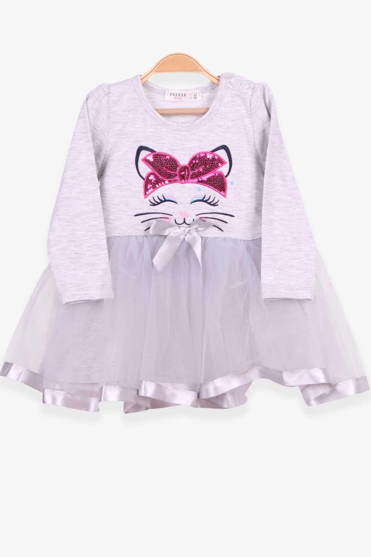 Breeze Kız Çocuk Uzun Kollu Elbise Kedi Nakışlı Pullu Açık Gri Melanj (1.5-5 Yaş)