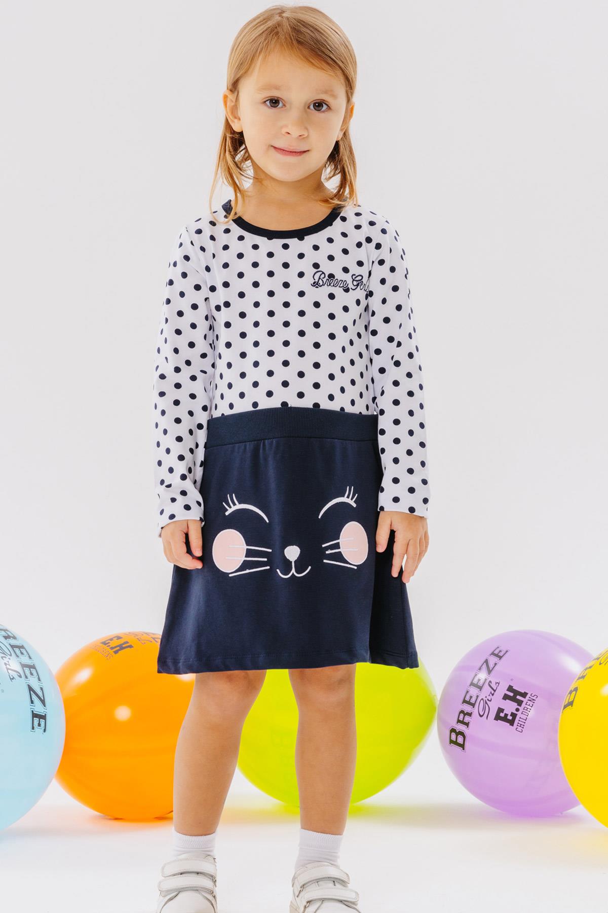 Breeze Kız Çocuk Uzun Kollu Elbise Kedicik Nakışlı Puantiyeli Beyaz (2-6 Yaş)