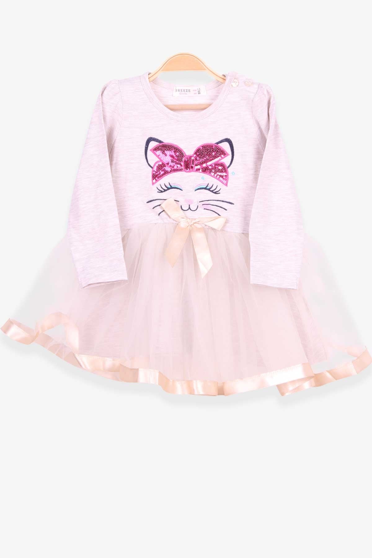 Breeze Kız Çocuk Uzun Kollu Elbise Kedi Nakışlı Pullu Bej Melanj (1.5-5 Yaş)