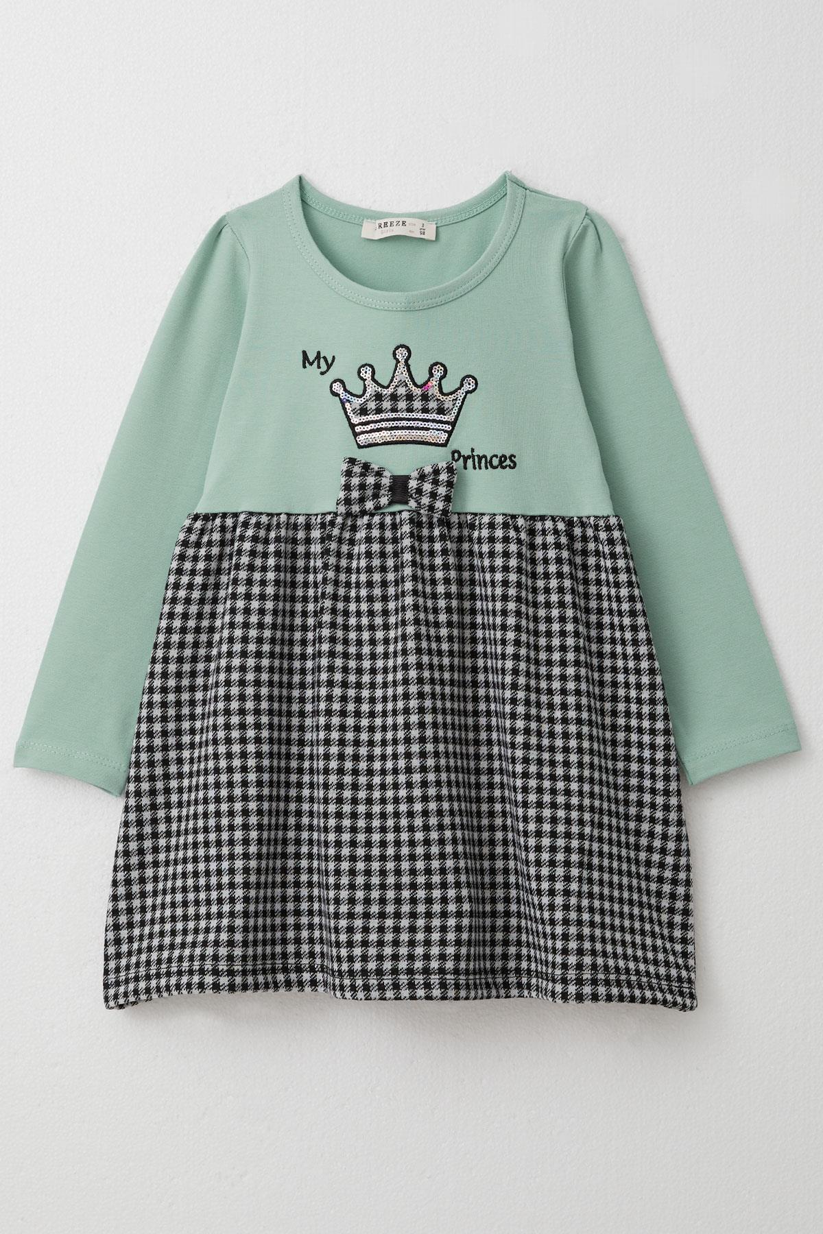 Breeze Kız Çocuk Uzun Kollu Elbise Prenses Tacı Nakışlı Fiyonklu Su Yeşili (2-6 Yaş)