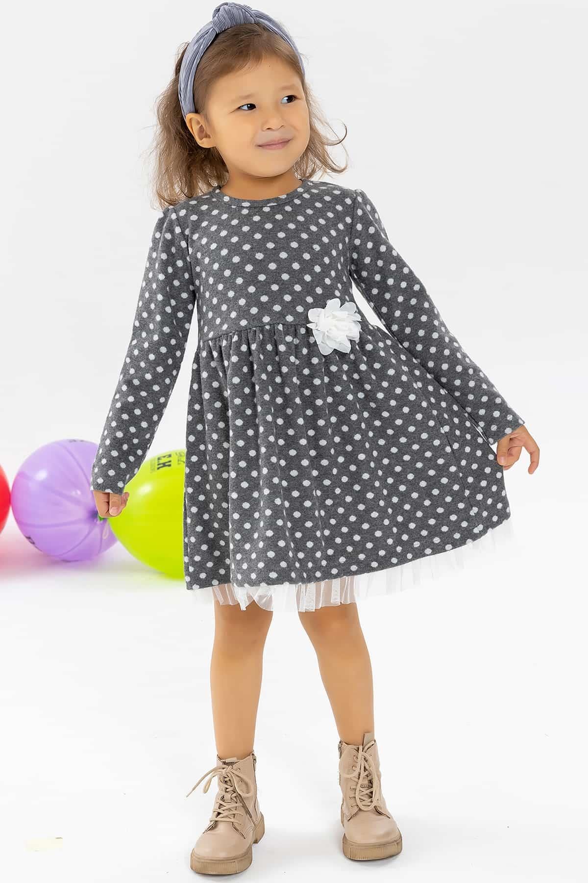 Breeze Kız Çocuk Uzun Kollu Elbise Puantiyeli Beyaz Çiçekli Füme (3-6 Yaş)