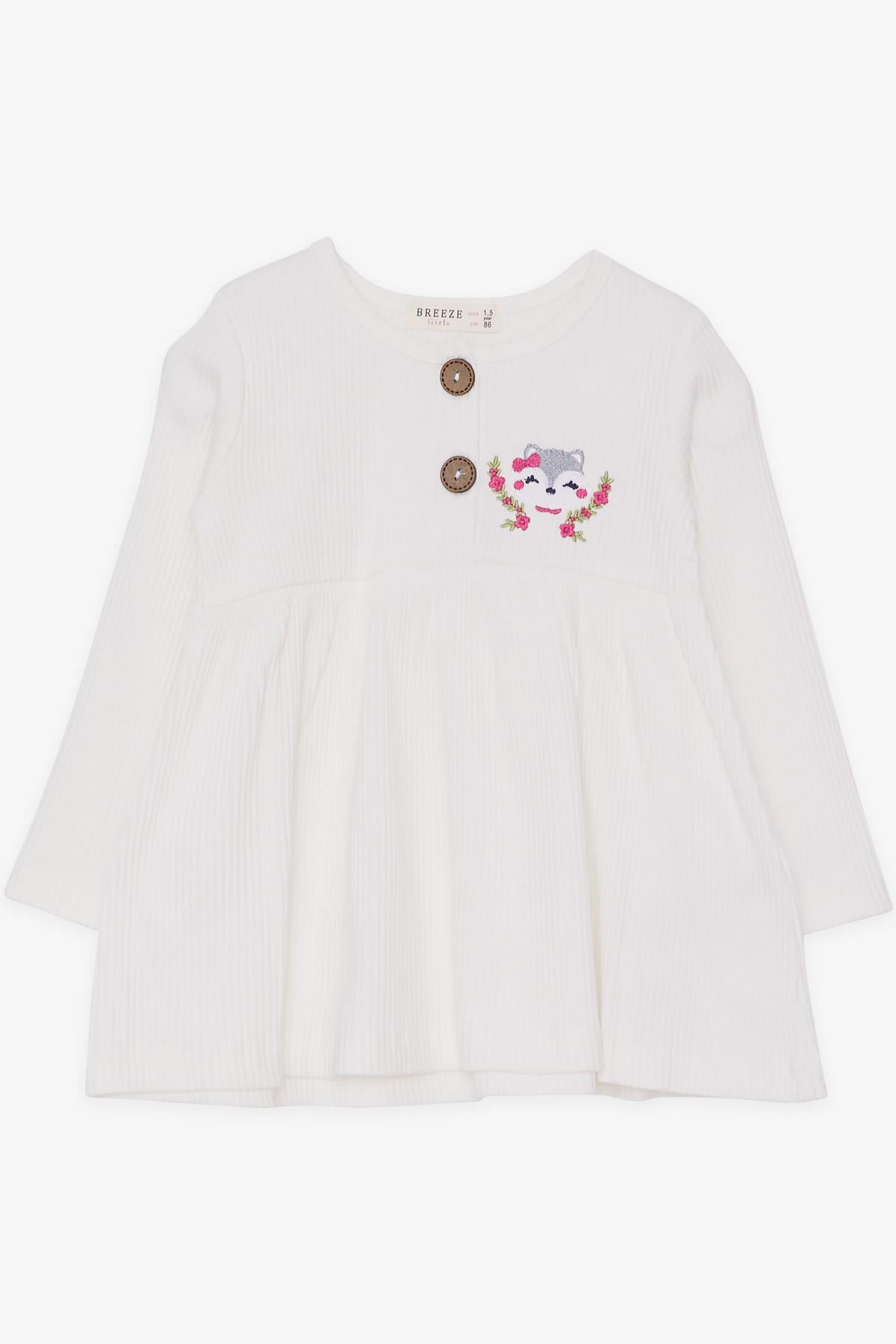 Breeze Kız Çocuk Uzun Kollu Elbise Tilkicik Nakışlı Ekru (1.5-5 Yaş)