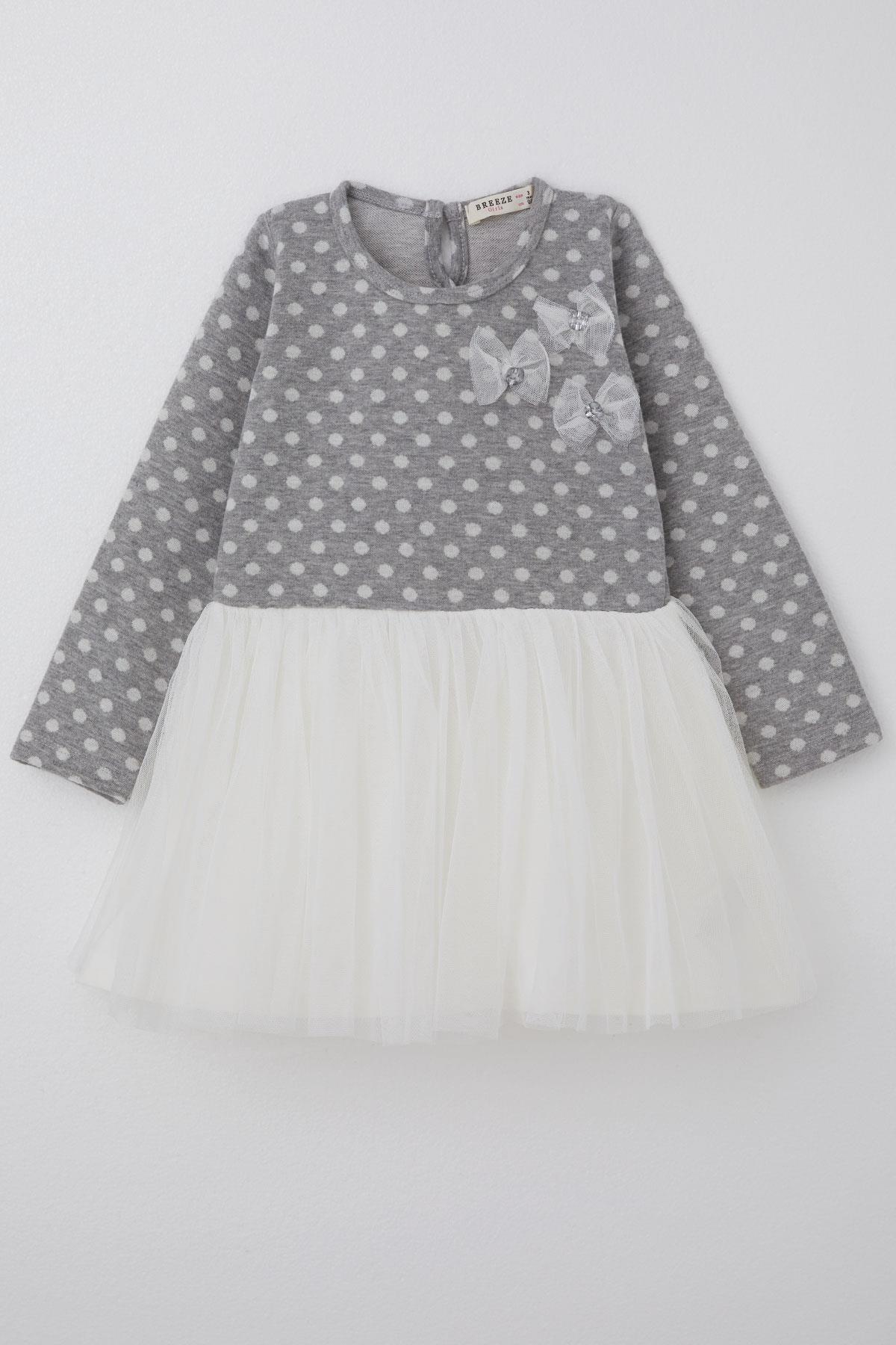 Breeze Kız Çocuk Uzun Kollu Elbise Tüllü Fiyonklu Açık Gri Melanj (1.5-5 Yaş)