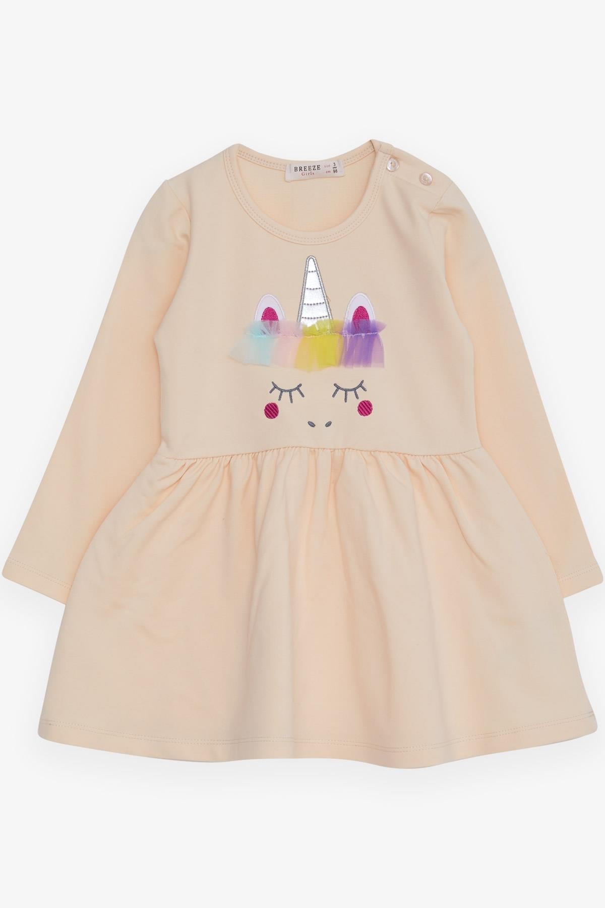 Breeze Kız Çocuk Uzun Kollu Elbise Tüllü Unicorn Nakışlı Krem (1.5-5 Yaş)