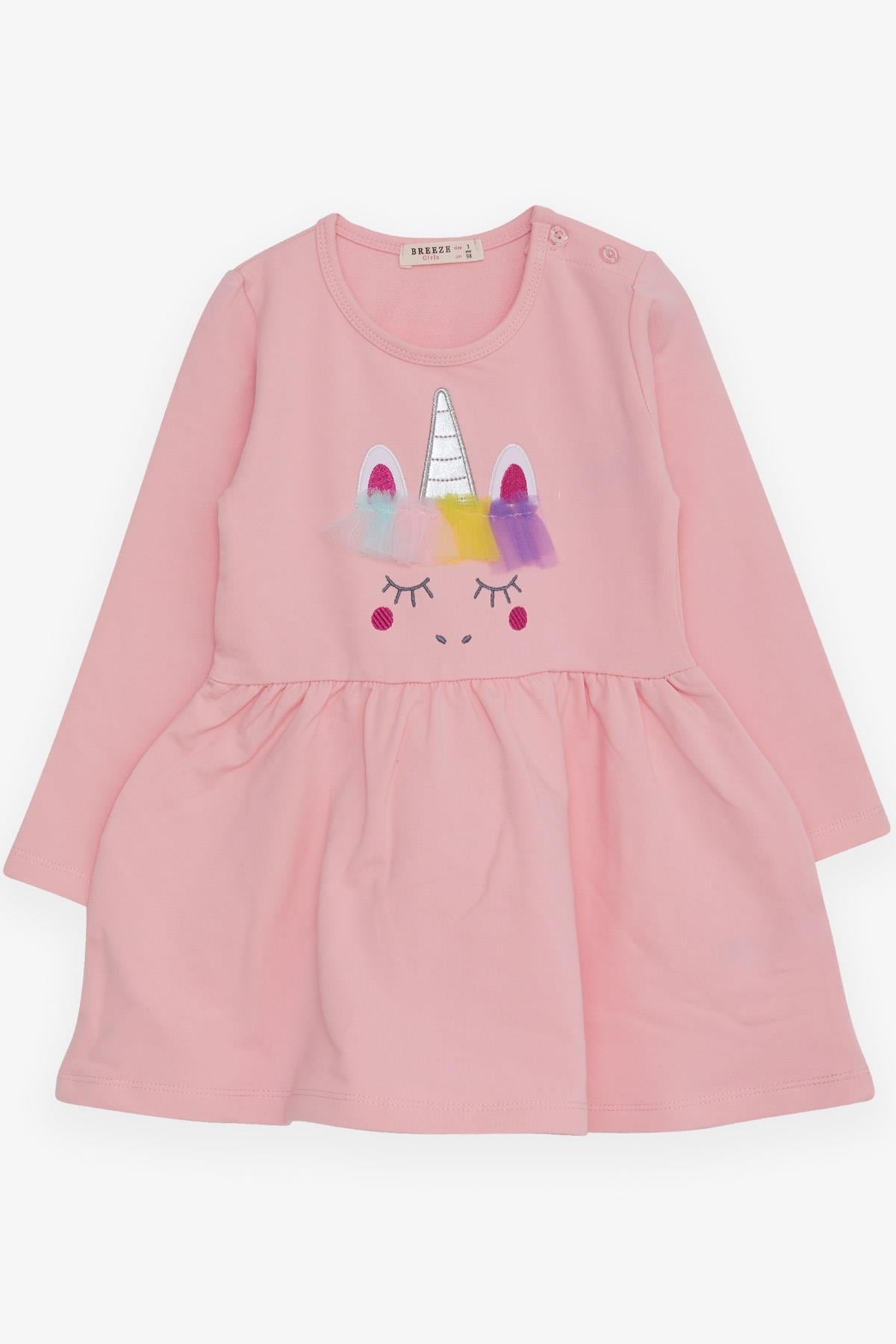 Breeze Kız Çocuk Uzun Kollu Elbise Tüllü Unicorn Nakışlı Pembe (1.5-5 Yaş)