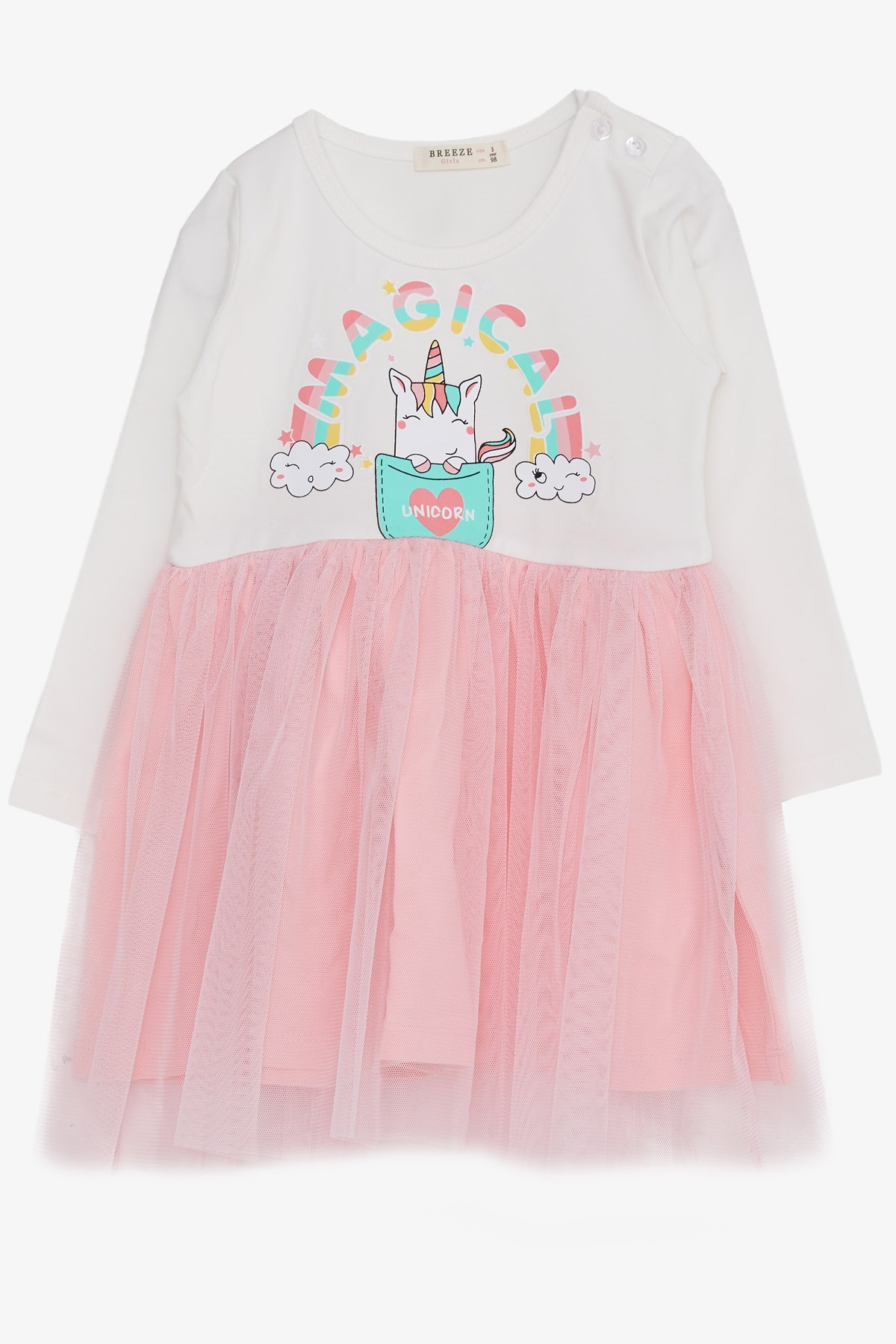 Breeze Kız Çocuk Uzun Kollu Elbise Unicorn Baskılı Ekru (1.5-5 Yaş)