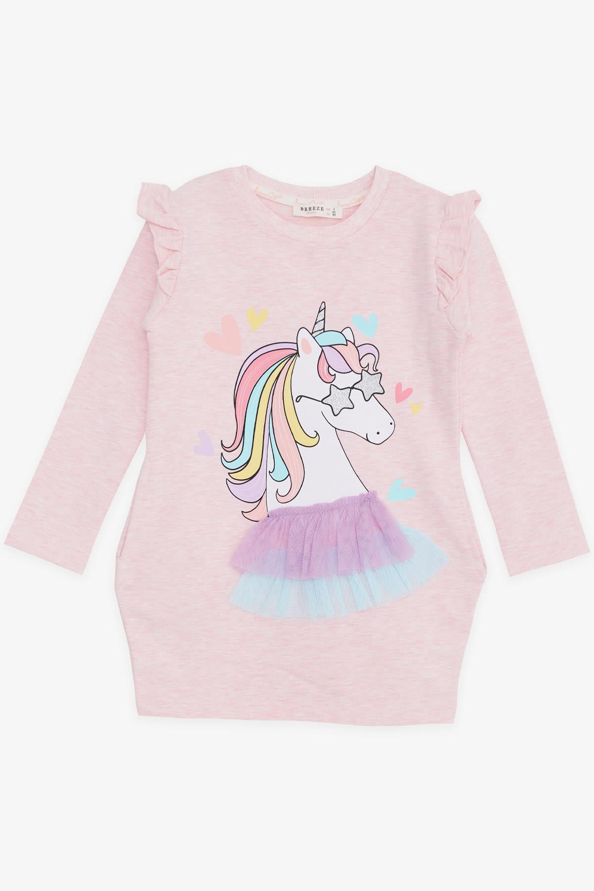 Breeze Kız Çocuk Uzun Kollu Elbise Unicorn Baskılı Somon Melanj (1.5-5 Yaş)