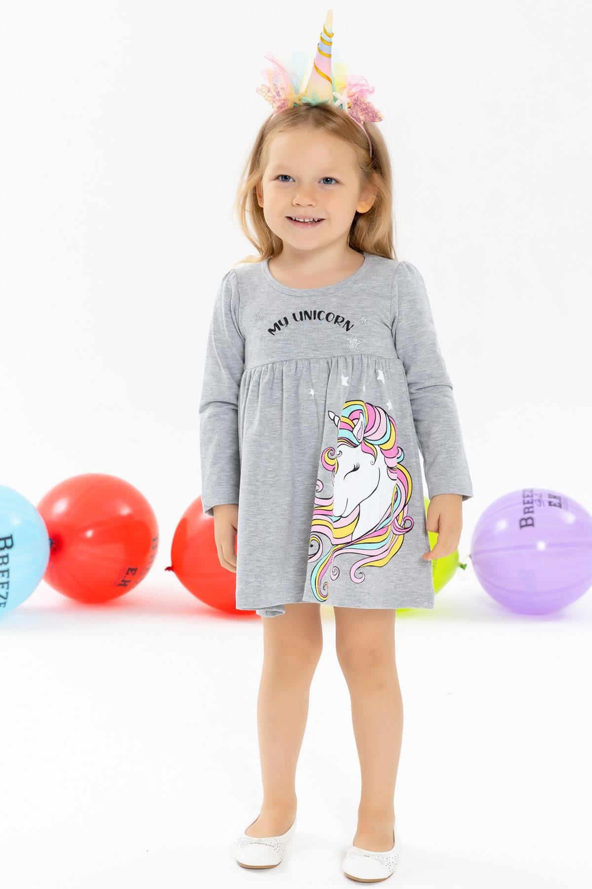 Breeze Kız Çocuk Uzun Kollu Elbise Unicorn Gri Melanj (2-6 Yaş)