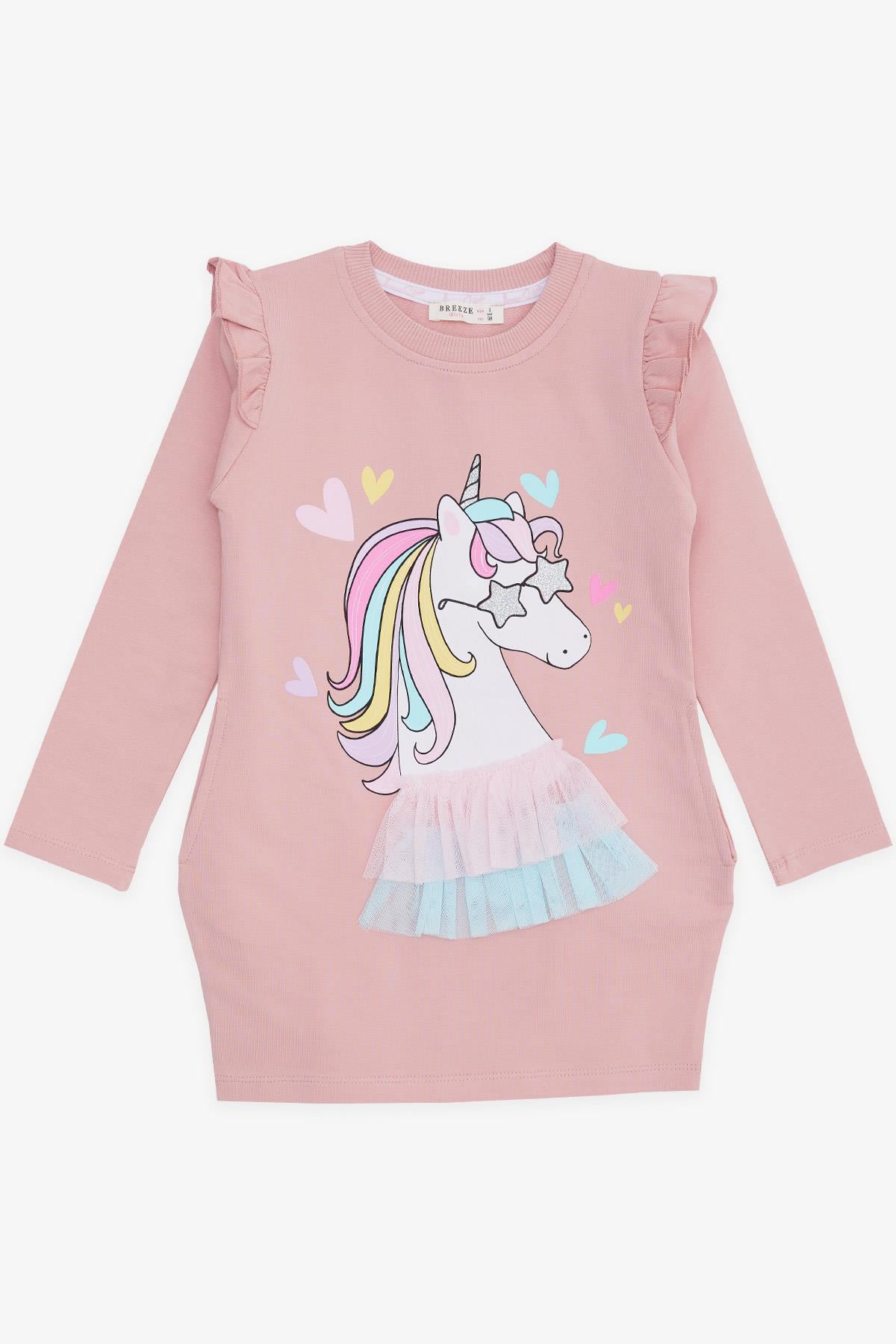 Breeze Kız Çocuk Uzun Kollu Elbise Unicorn Baskılı Gülkurusu (1.5-5 Yaş)