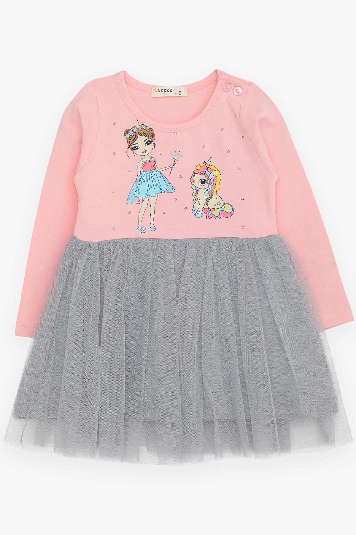 Breeze Kiz Çocuk Uzun Kollu Elbise Unicorn Baskili Pudra (5 Yaş)