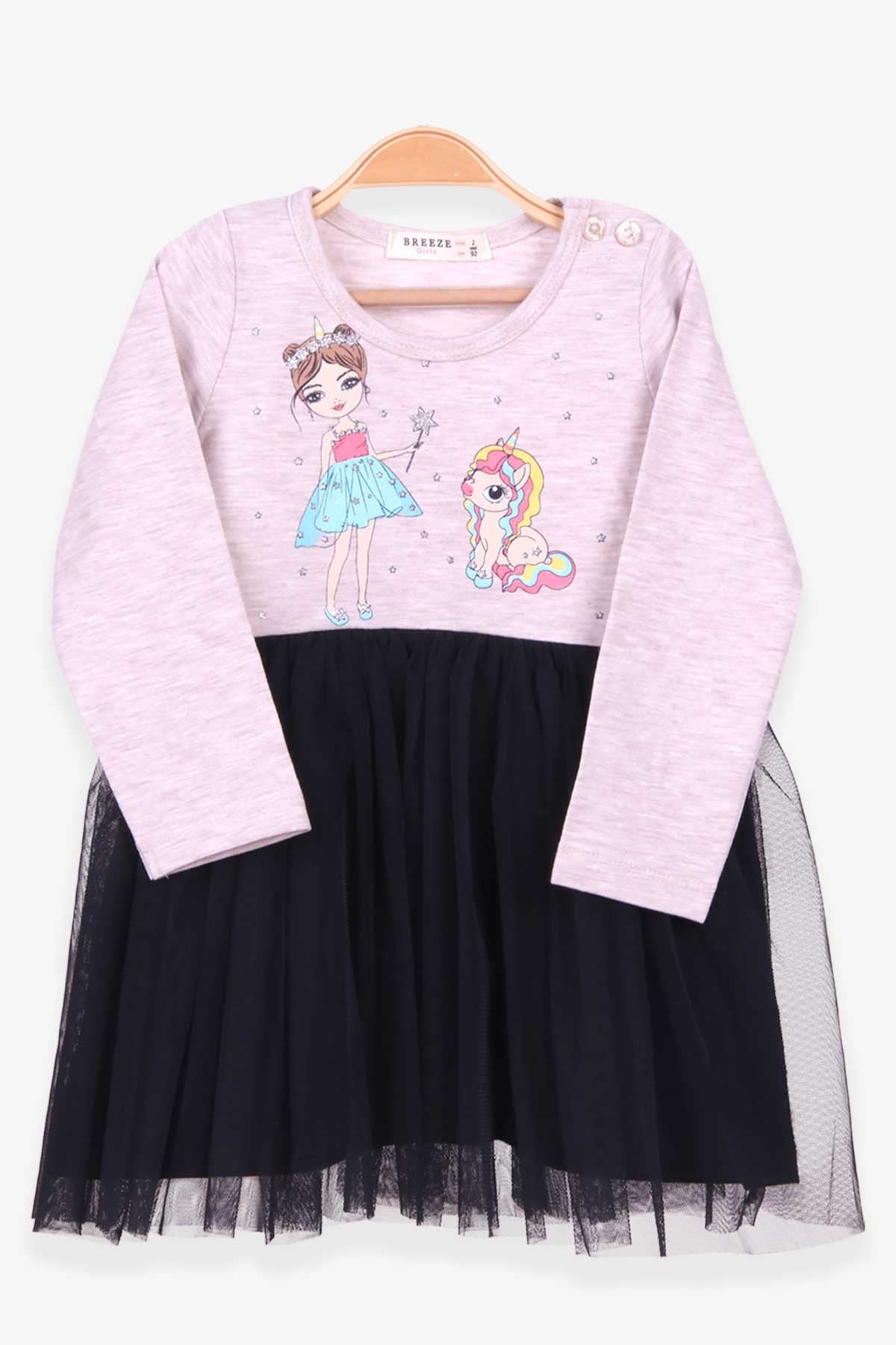 Breeze Kız Çocuk Uzun Kollu Elbise Unicorn Baskılı Bej Melanj (2-6 Yaş)