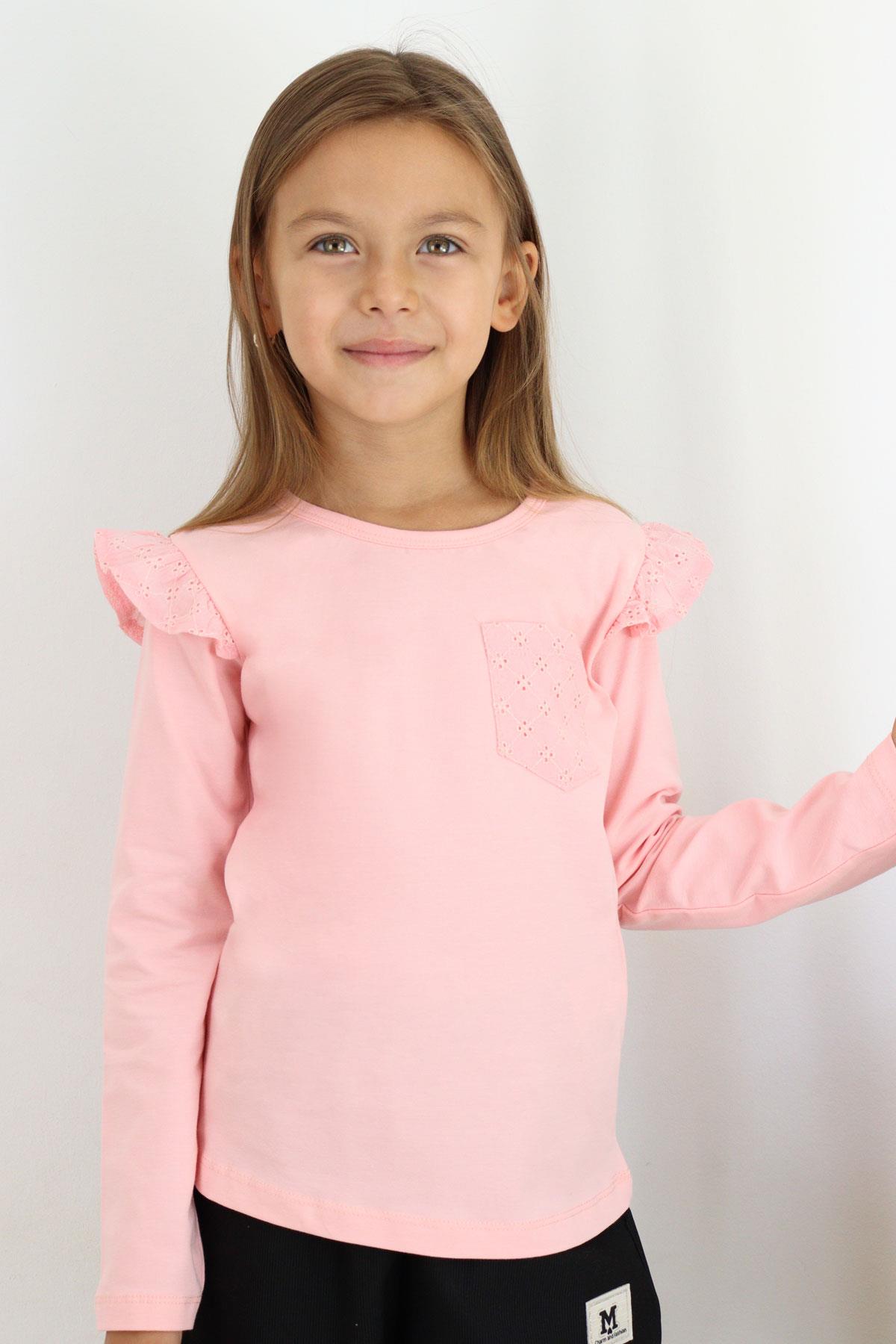 Breeze Kız Çocuk Uzun Kollu Tişört Basic Güpürlü Pembe (3-8 Yaş)