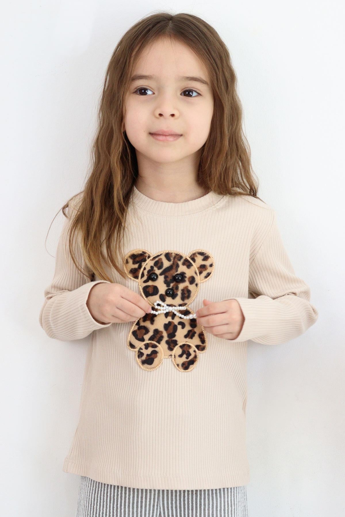 Breeze Kız Çocuk Uzun Kollu Tişört İncili Aplike Leopar Ayıcık Nakışlı Bej (5-10 Yaş)