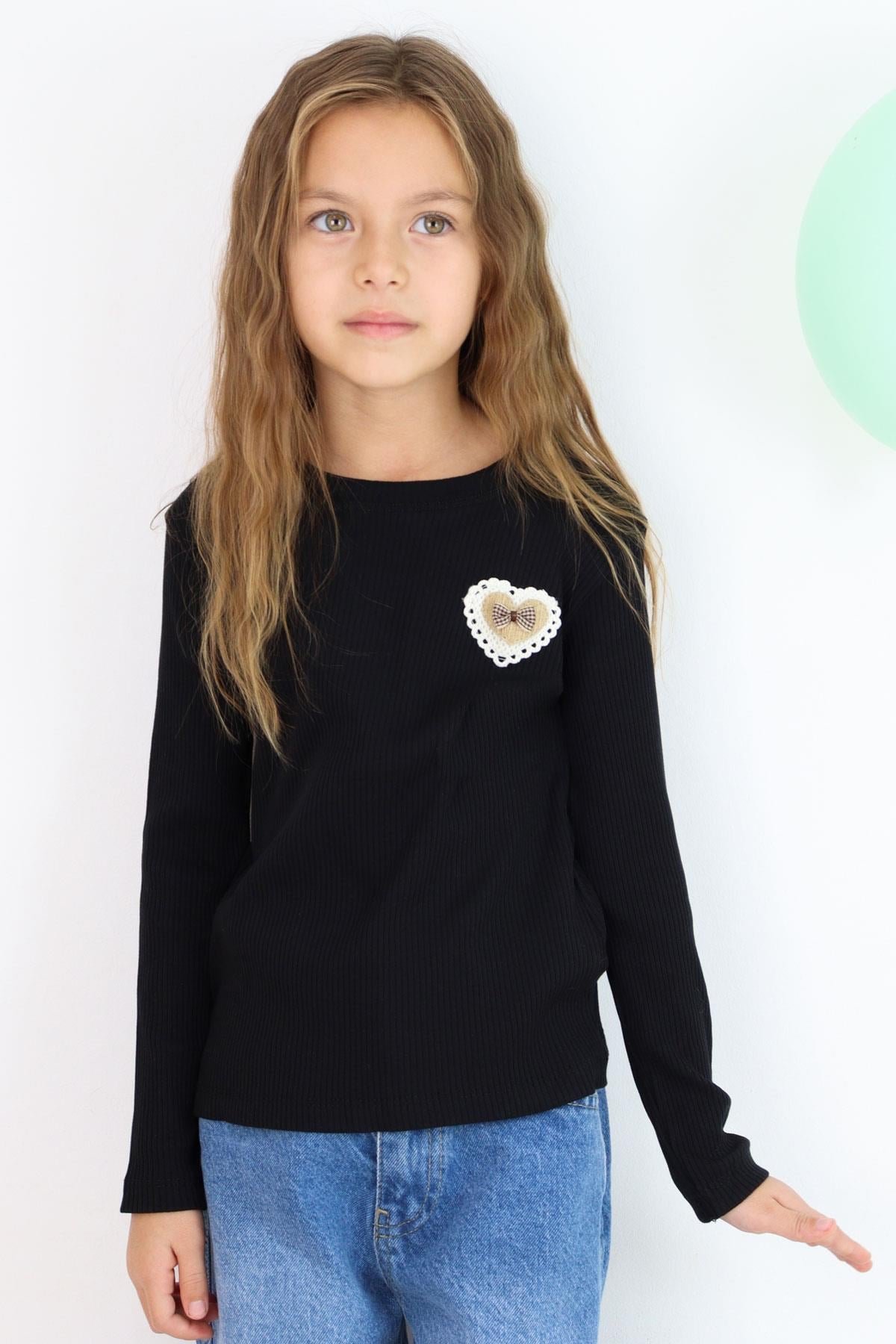 Breeze Kız Çocuk Uzun Kollu Tişört Kalp Armalı Fiyonklu Siyah (5-10 Yaş)