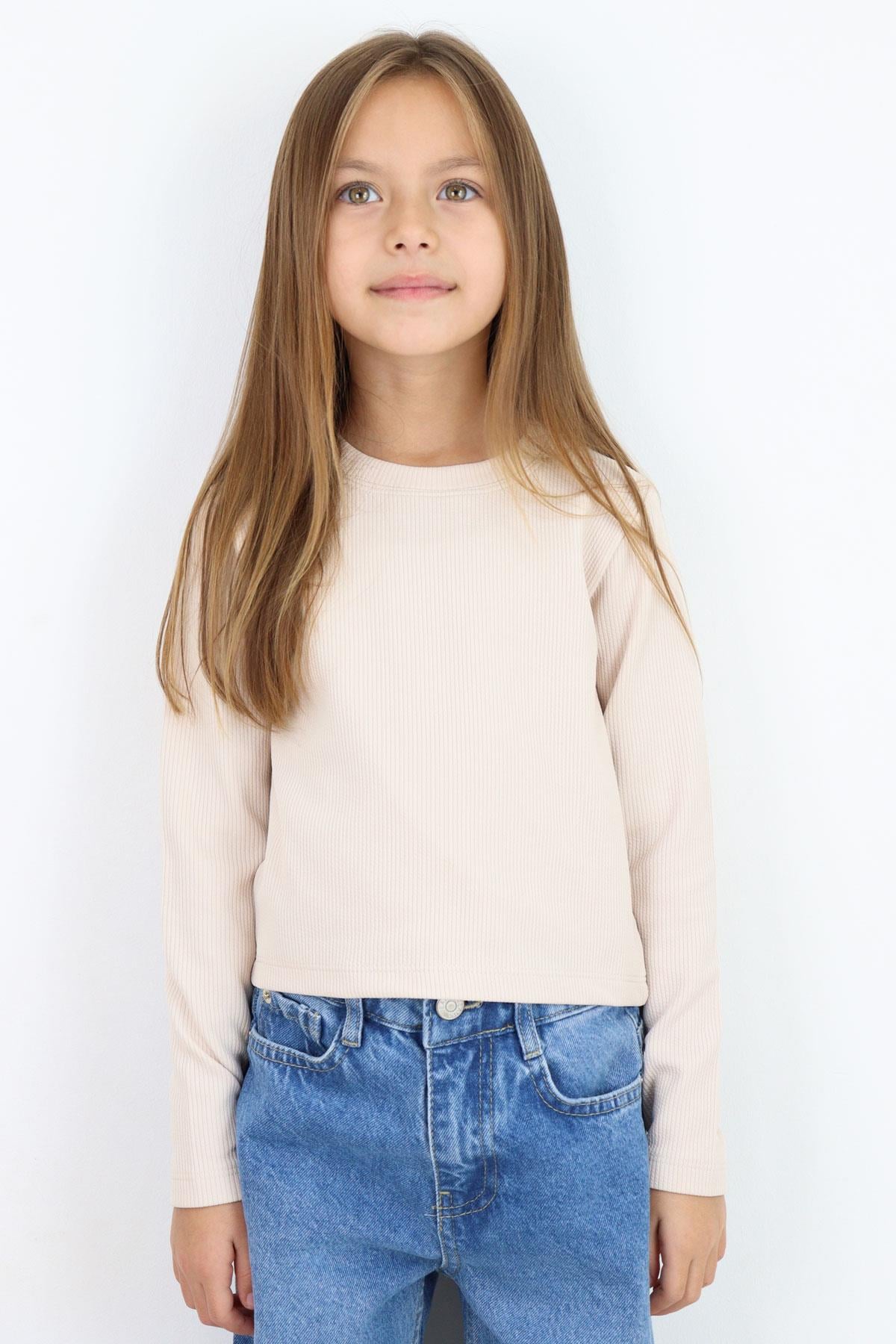 Breeze Kız Çocuk Uzun Kollu Tişört Kemer Boy Basic Bej (8-14 Yaş)
