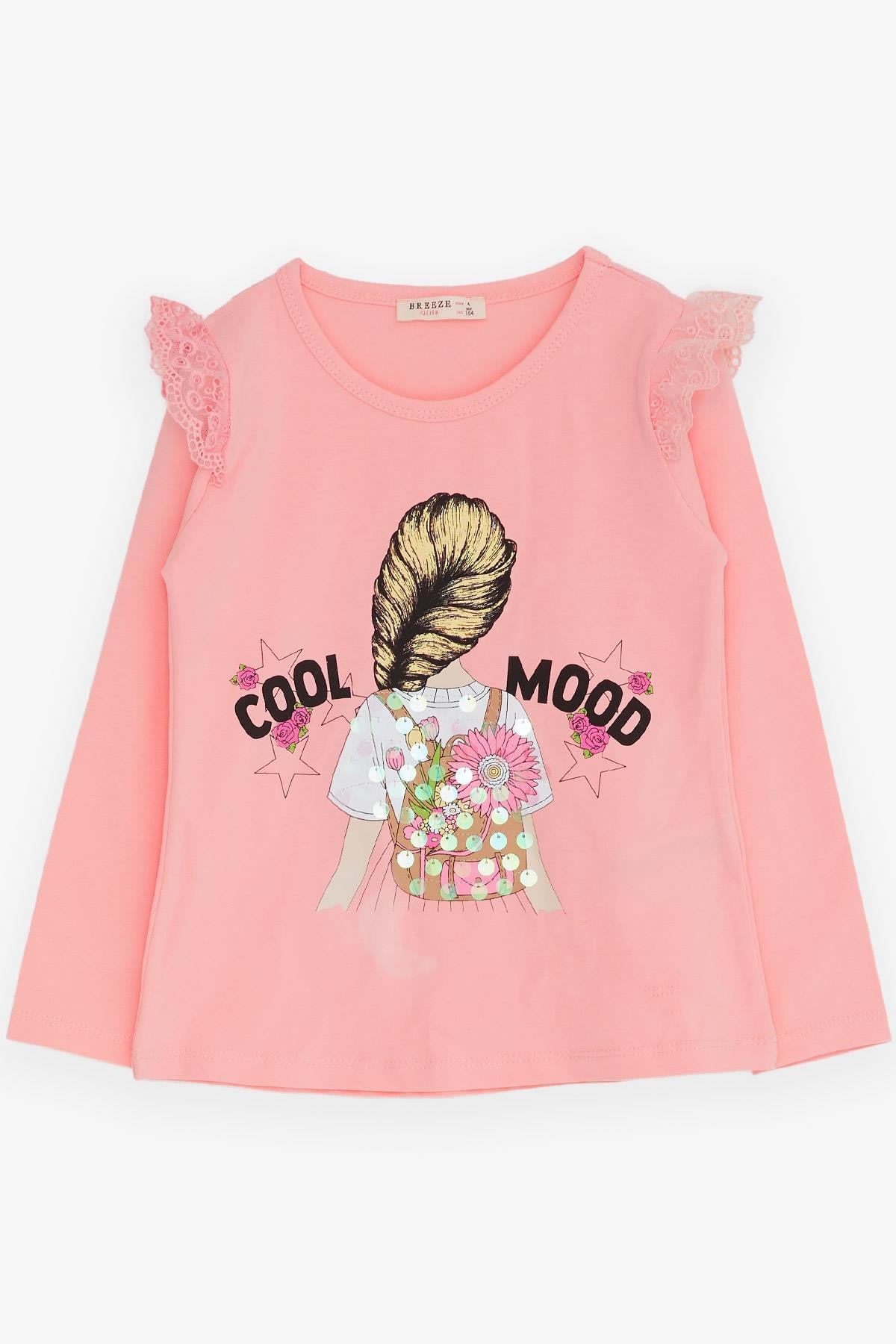 Breeze Kız Çocuk Uzun Kollu Tişört Omuzu Güpürlü Pembe (4-9 Yaş)