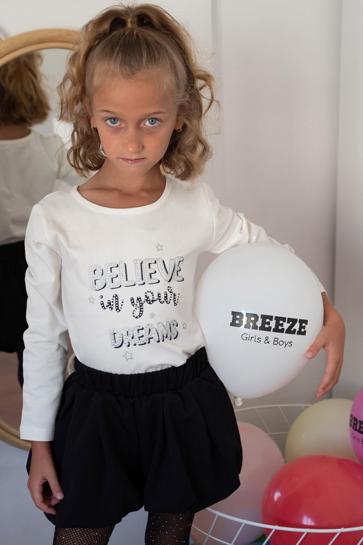 Breeze Kız Çocuk Uzun Kollu Tişört Taşlı Yazı Baskılı Ekru (5-10 Yaş)