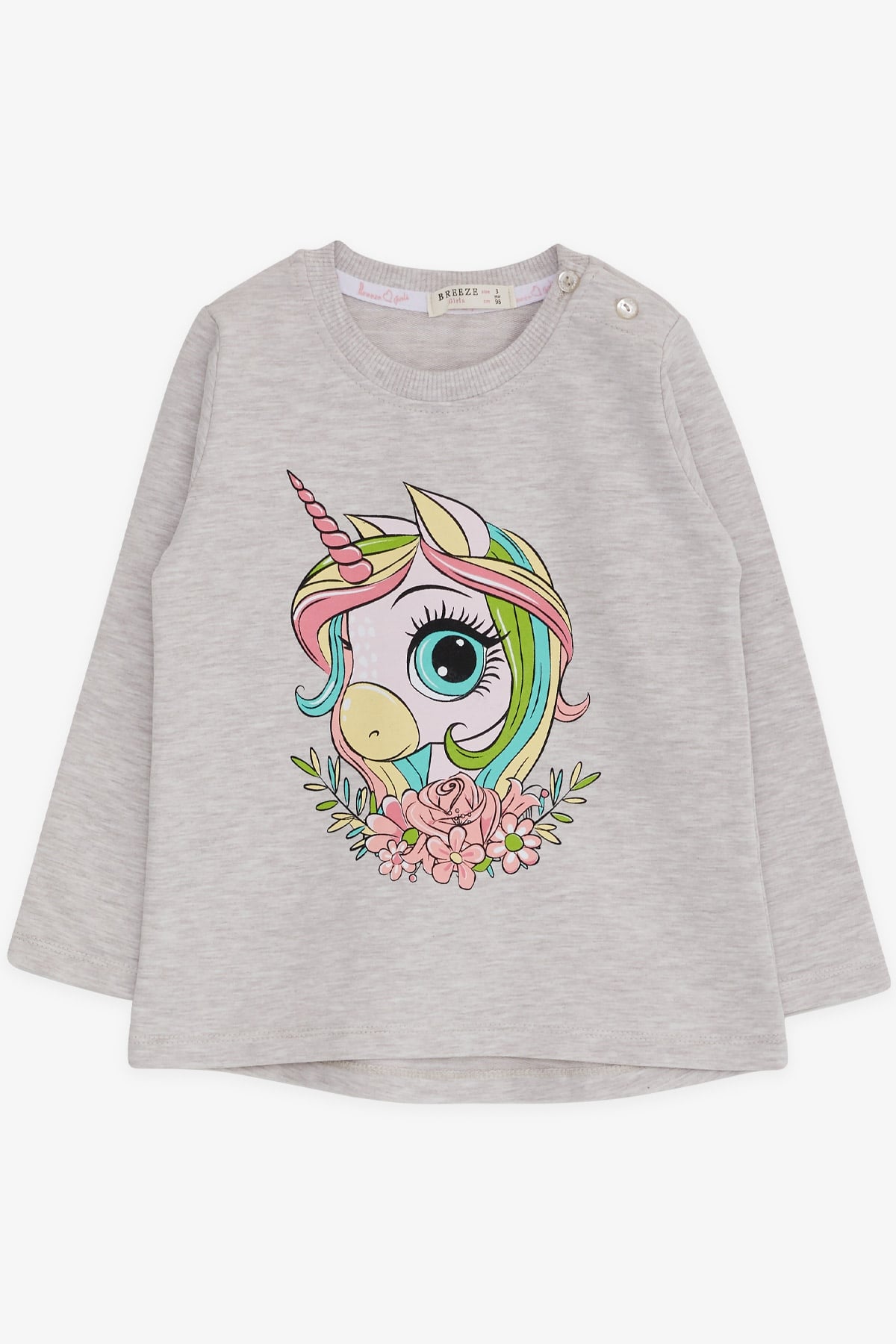 Breeze Kız Çocuk Uzun Kollu Tişört Unicorn Baskılı Bej Melanj (1.5-5 Yaş)