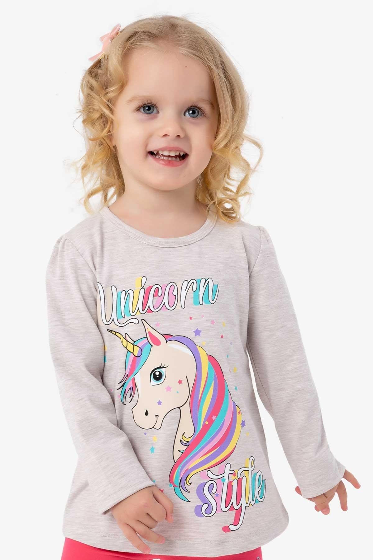 Breeze Kız Çocuk Uzun Kollu Tişört Unicorn Bej Melanj (2-6 Yaş)