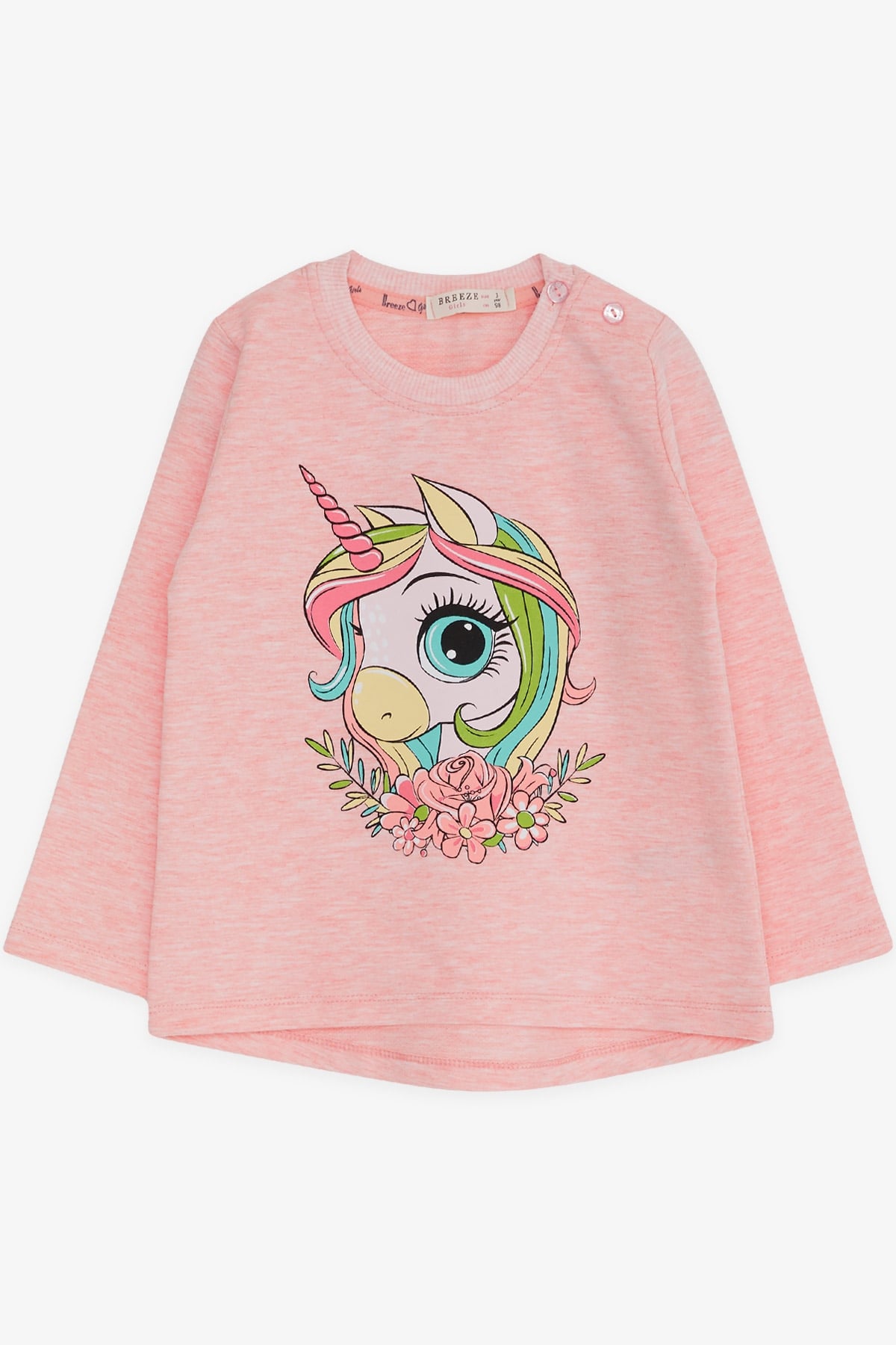 Breeze Kız Çocuk Uzun Kollu Tişört Unicorn Baskılı Somon Melanj (1.5-5 Yaş)
