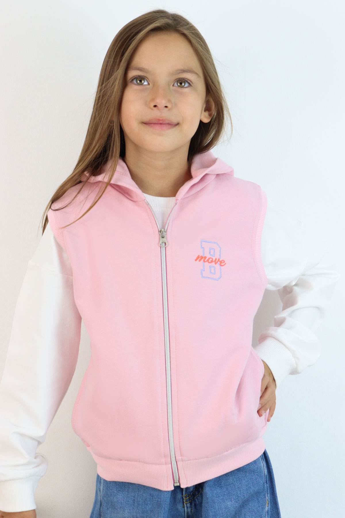 Breeze Kız Çocuk Yelek Kapüşonlu Fermuarlı Harf Nakışlı Pembe (3-8 Yaş)