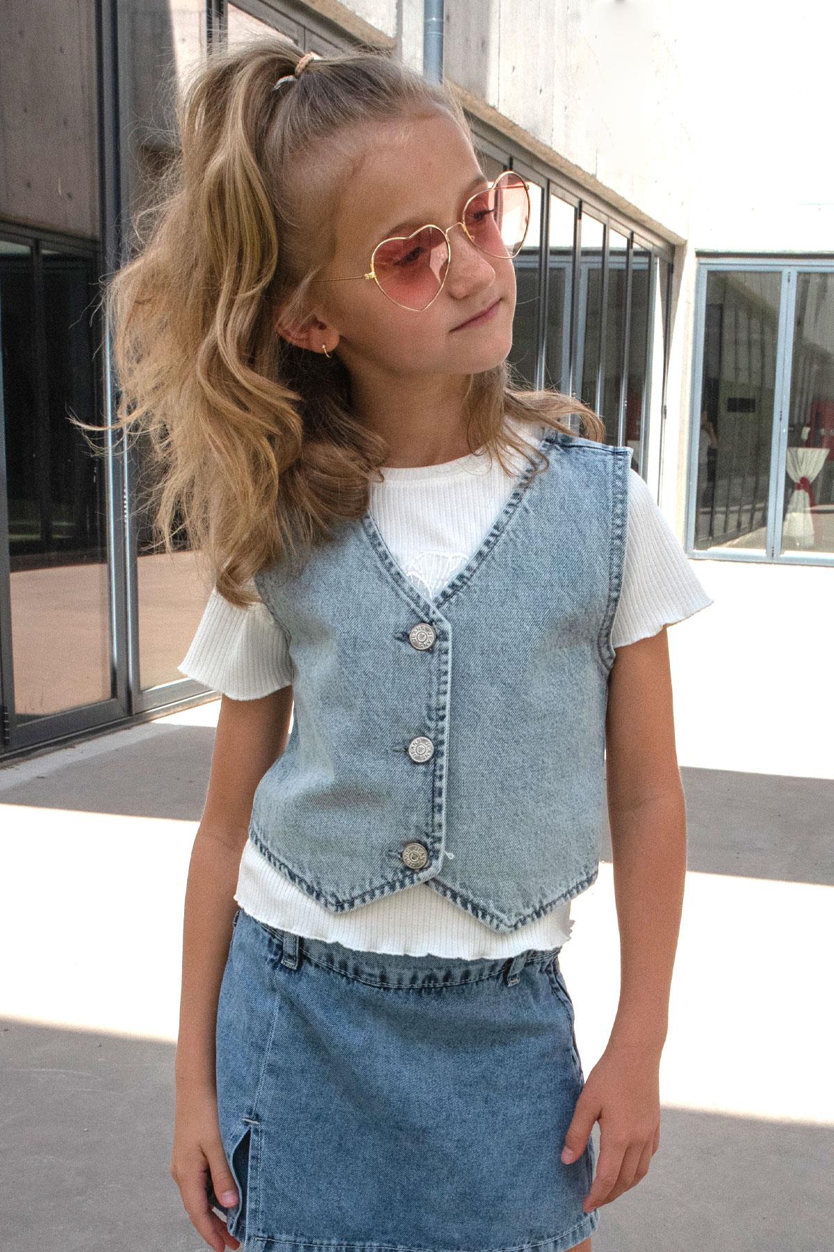 Breeze Kız Çocuk Yelek Kot Düğme Kapamalı V Yaka Açık Mavi (4-14 Yaş)