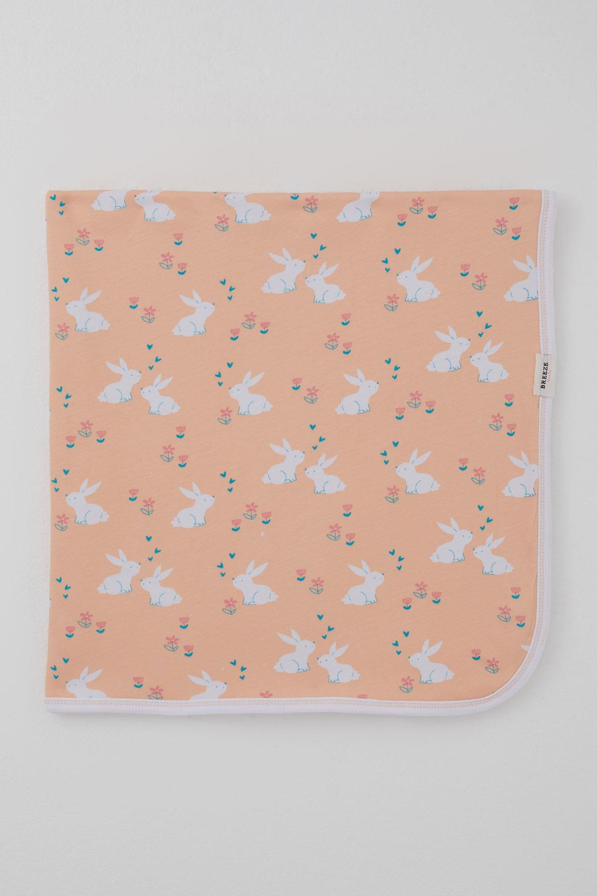 Breeze  Yenidoğan Bebek Battaniyesi Sevimli Tavşancıklar Desenli Çiçekli Somon (78 x 88 cm)