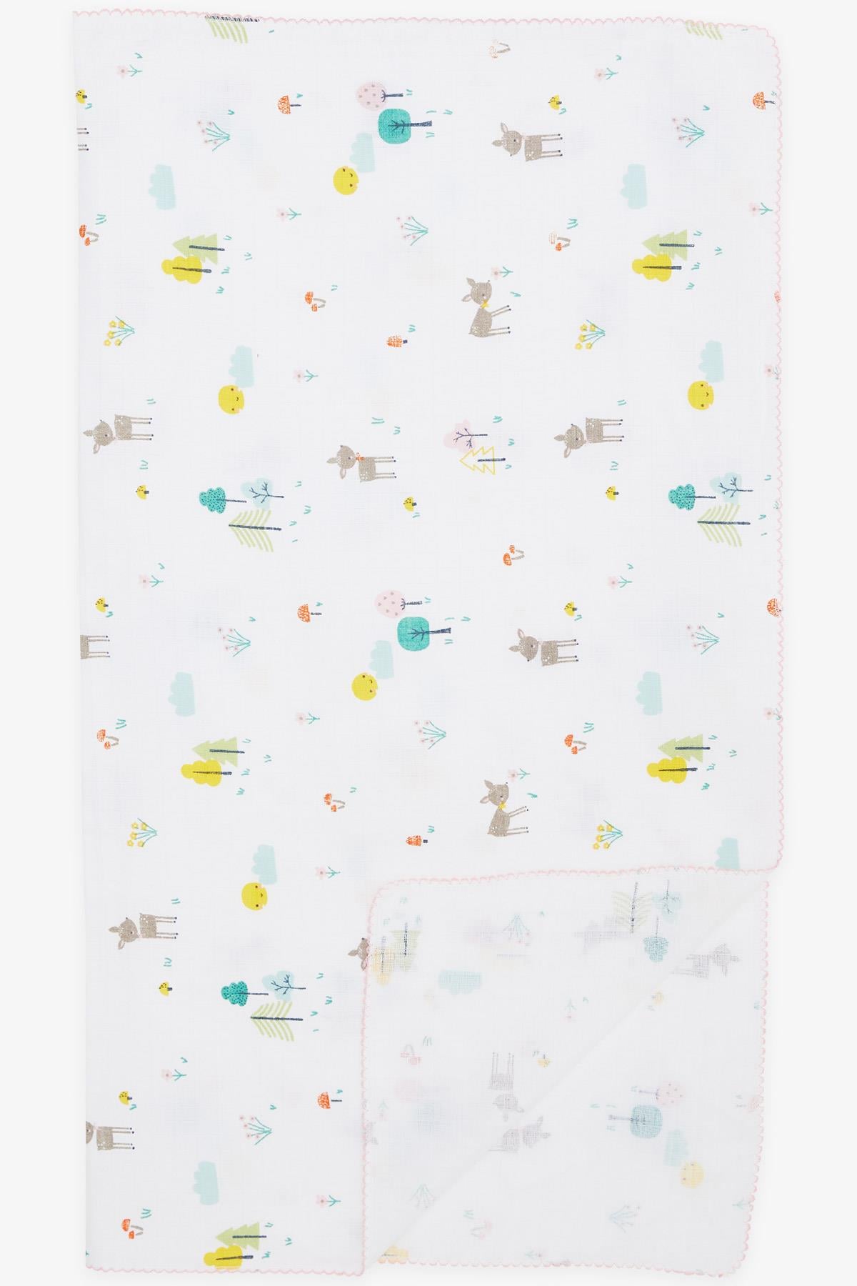 Breeze Yenidoğan Bebek Müslin Battaniye Bahar Temalı Ceylancık Desenli Beyaz