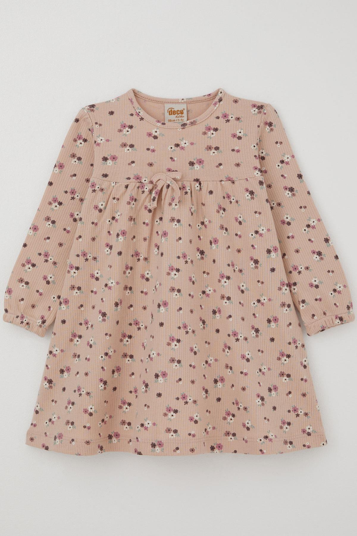 Deco Kız Çocuk Uzun Kollu Elbise Çiçek Desenli Fiyonk Aksesuarlı Pudra (2-5 Yaş)