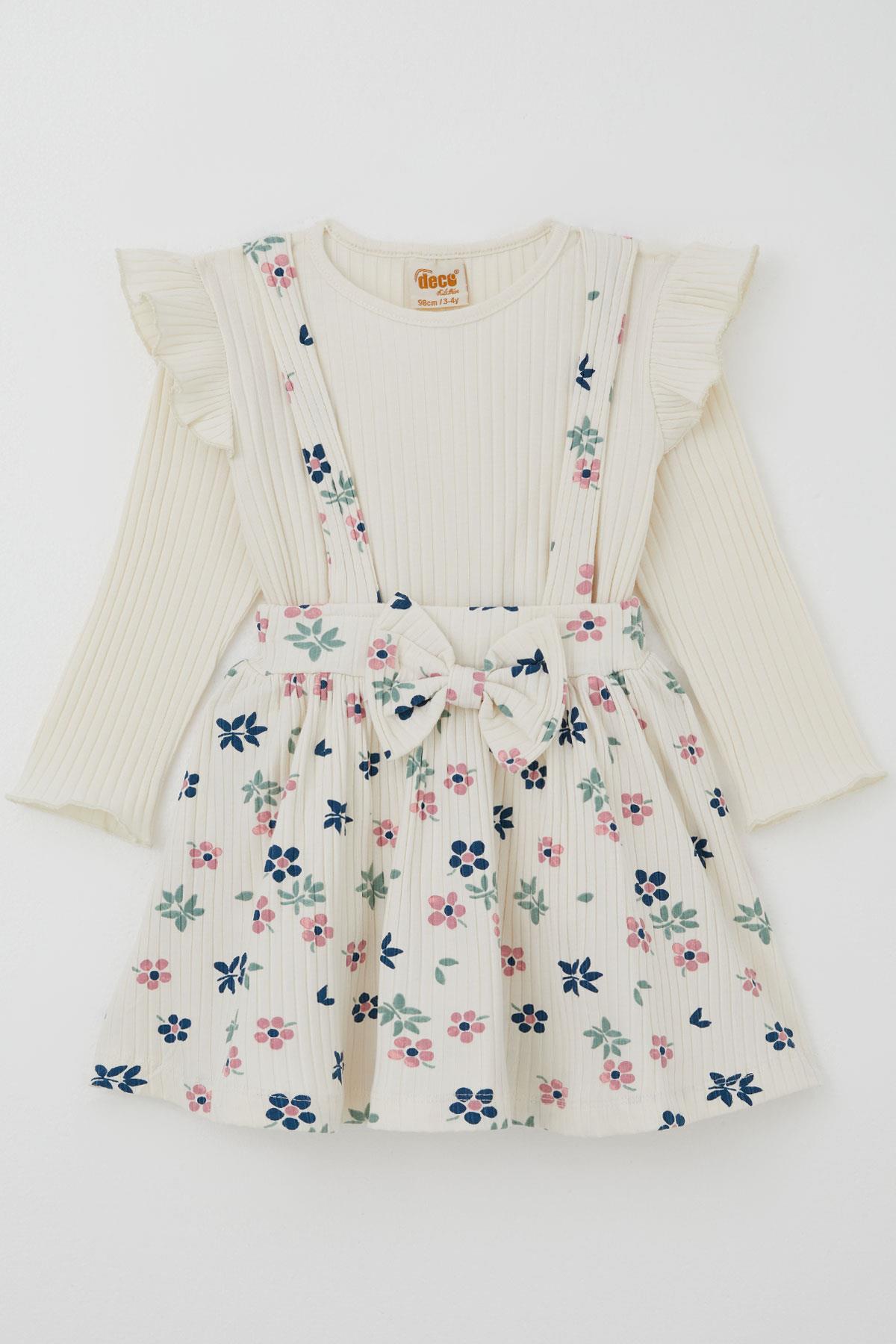 Deco Kız Çocuk Uzun Kollu Jile Elbise Çiçek Desenli Bodyli Fiyonk Detaylı Ekru (2-5 Yaş)