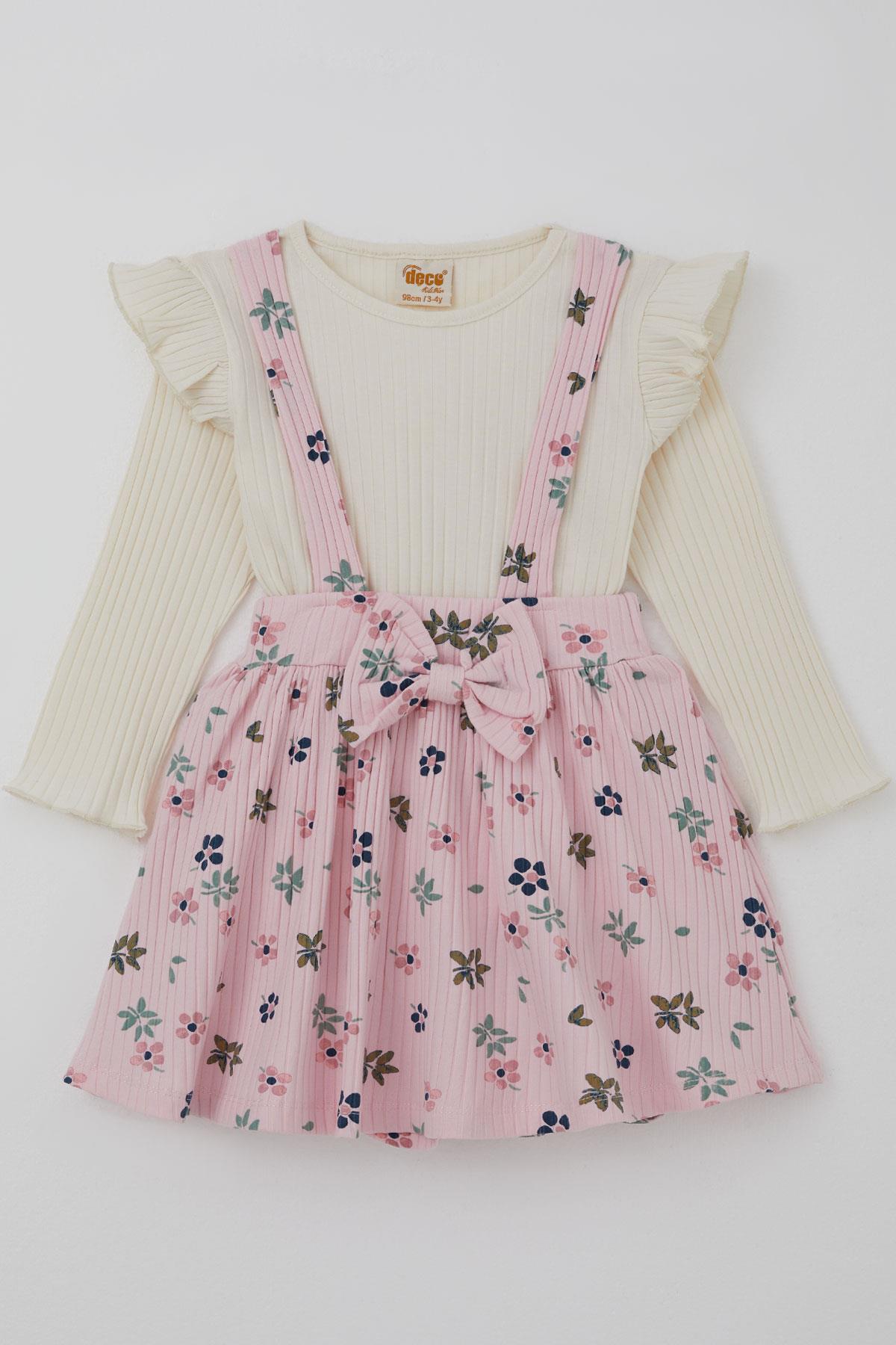 Deco Kız Çocuk Uzun Kollu Jile Elbise Çiçek Desenli Bodyli Fiyonk Detaylı Ekru (2-5 Yaş)