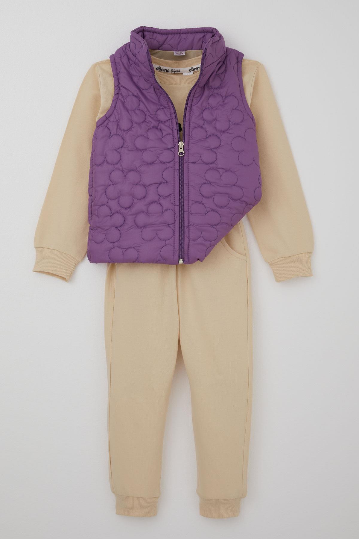 Donino Kız Çocuk Eşofman Takımı Çiçek Baskılı Kapitone Mikro Yelekli Krem (2-5 Yaş)