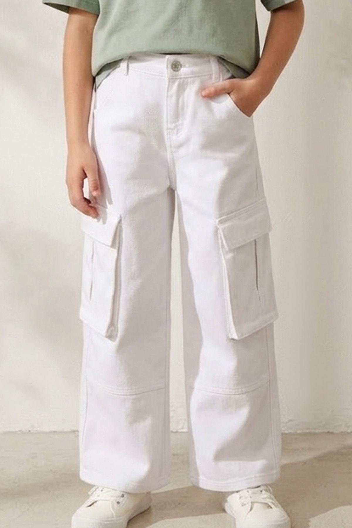 Escabel Kız Çocuk Gabardin Pantolon Kargo Cep Detaylı Beyaz (5-9 Yaş)
