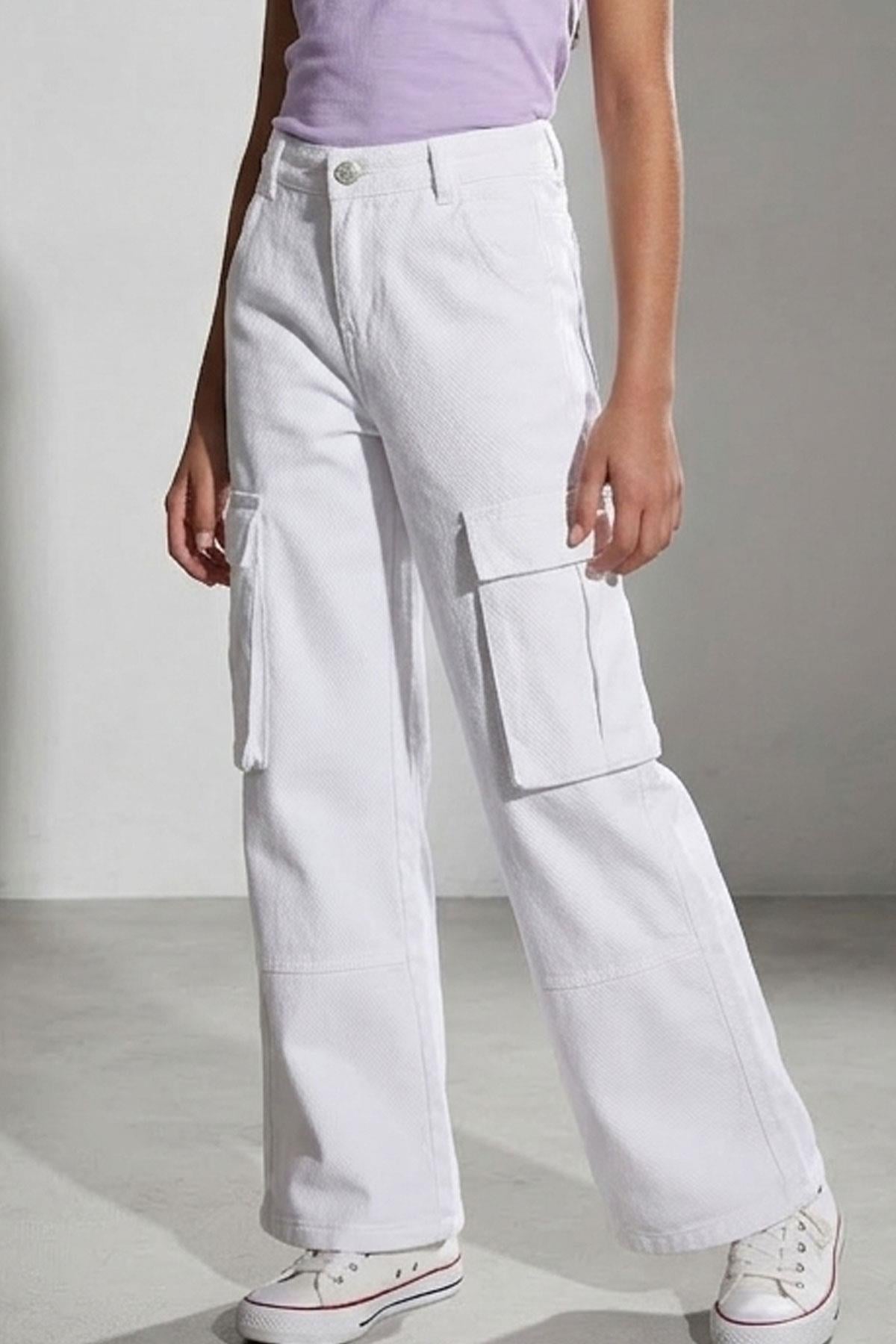 Escabel Kız Çocuk Gabardin Pantolon Kargo Cep Detaylı Beyaz (10-14 Yaş)