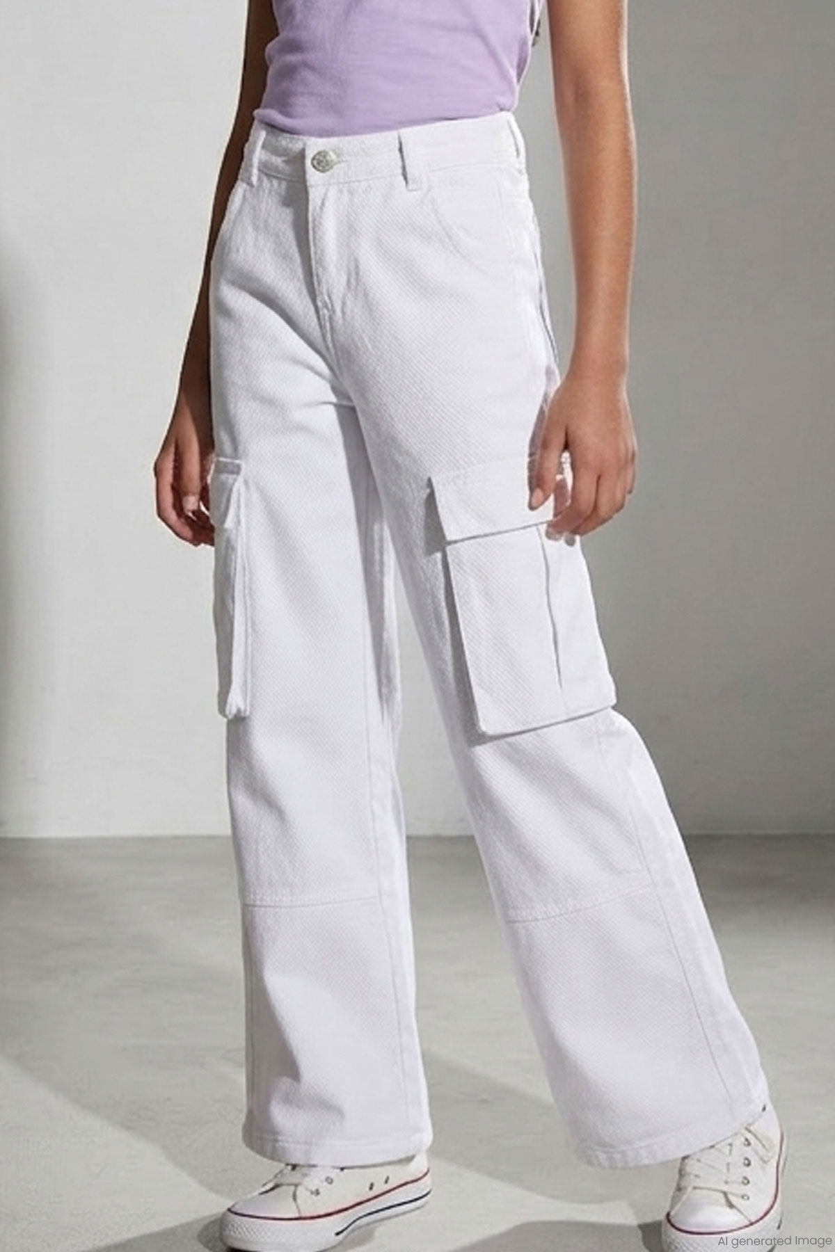 Escabel Kız Çocuk Gabardin Pantolon Kargo Cep Detaylı Beyaz (10-14 Yaş)