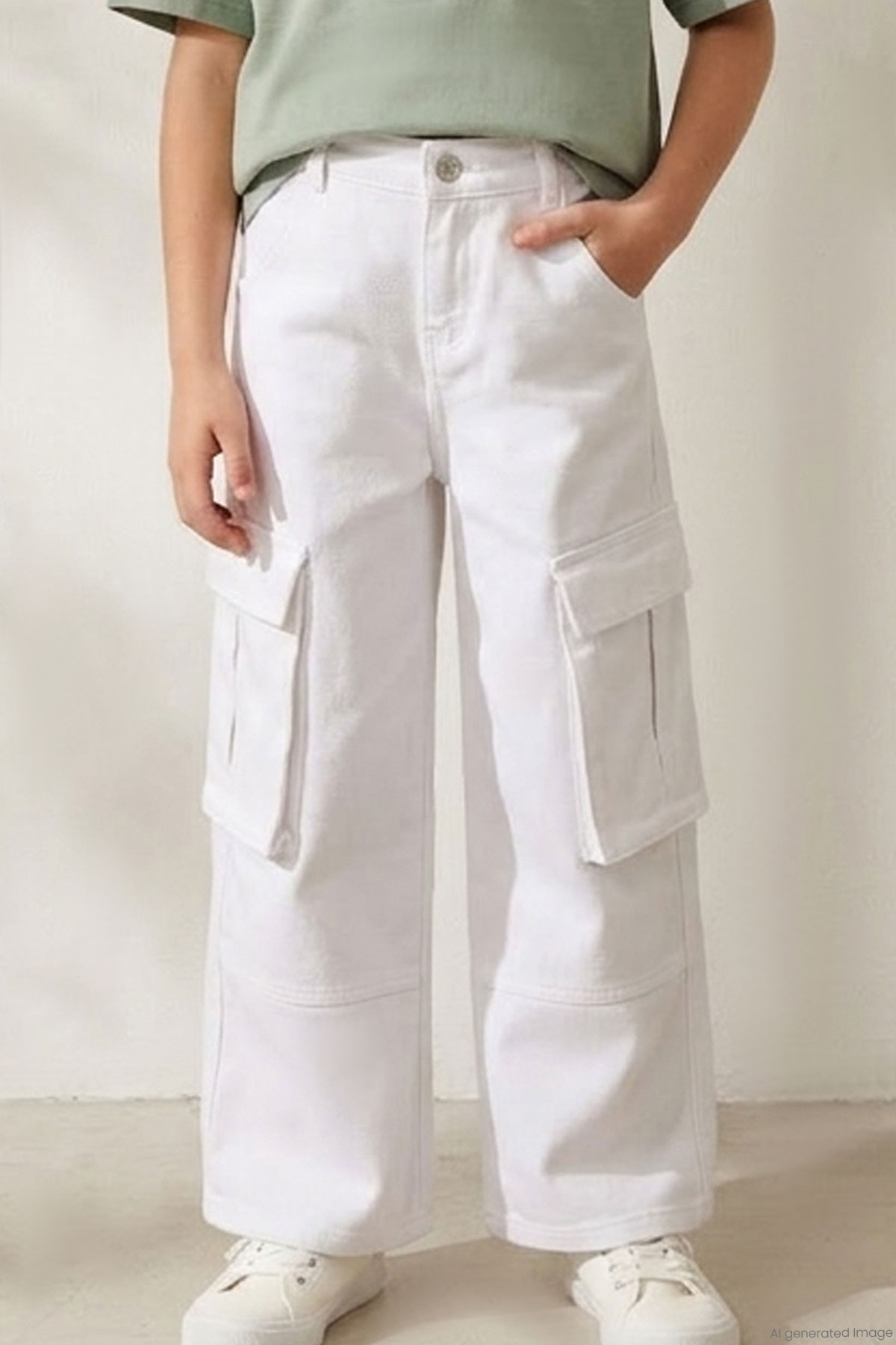 Escabel Kız Çocuk Gabardin Pantolon Kargo Cep Detaylı Beyaz (5-9 Yaş)