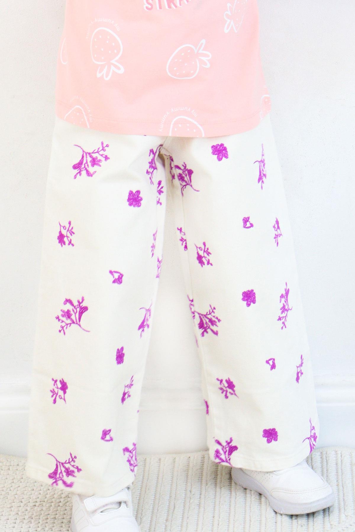 Escabel Kız Çocuk Jean Pantolon Çiçek Nakışlı Geniş Paça Krem (5-14 Yaş)