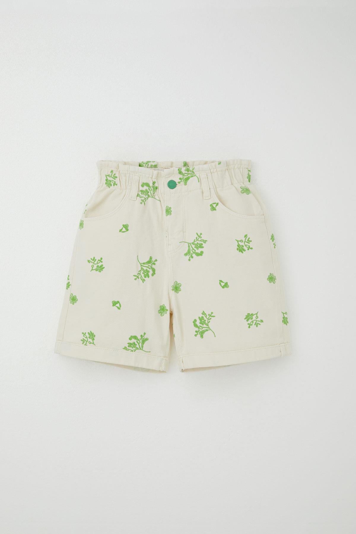 Escabel Kız Çocuk Jean Şort Çiçek Desenli Krem (10-14 Yaş)