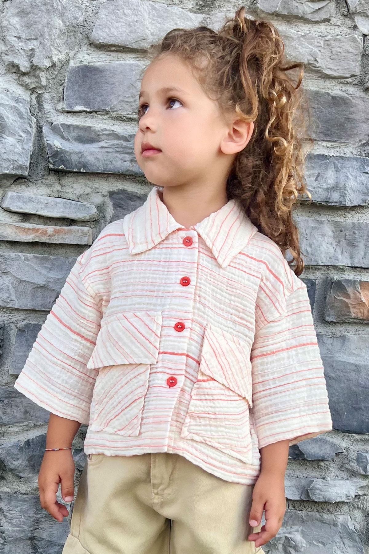 Escabel Kız Çocuk Kemer Boy Gömlek Fakir Kol Cepli Ekru (5-14 Yaş)