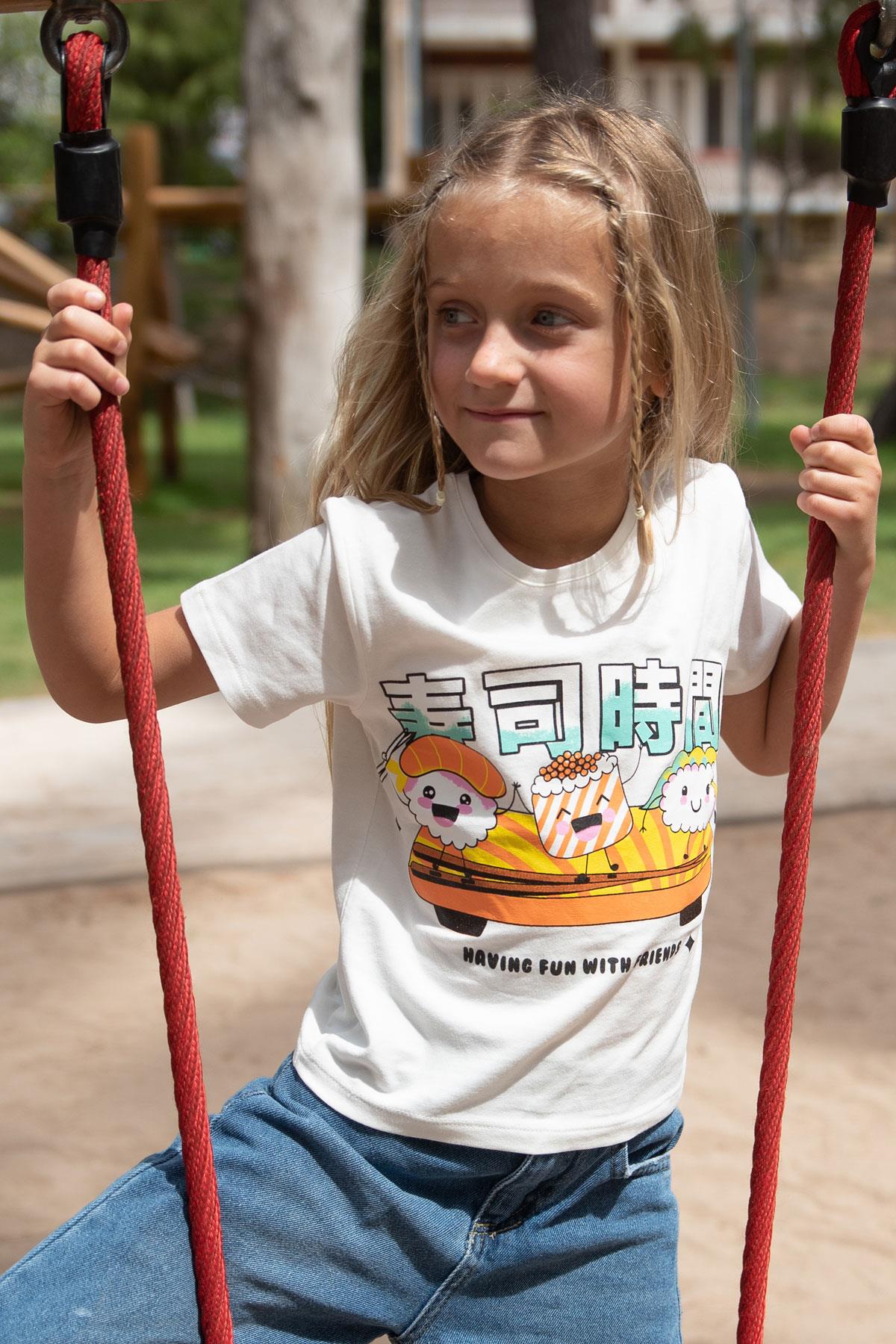 Escabel Kız Çocuk Tişört Kemer Boy Sevimli Sushi Arkadaşlar Baskılı Ekru (5-14 Yaş)