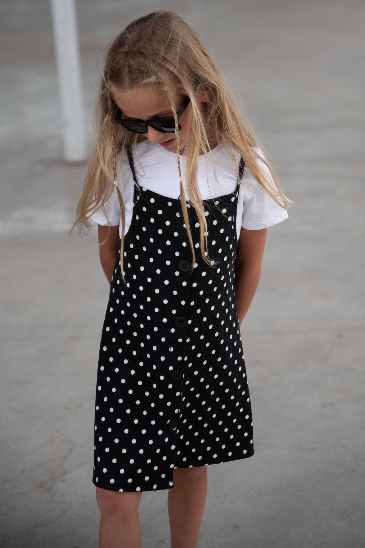 Export Kız Çocuk Jile Elbise Puantiye Desenli Düğmeli Antrasit (4-14 Yaş)