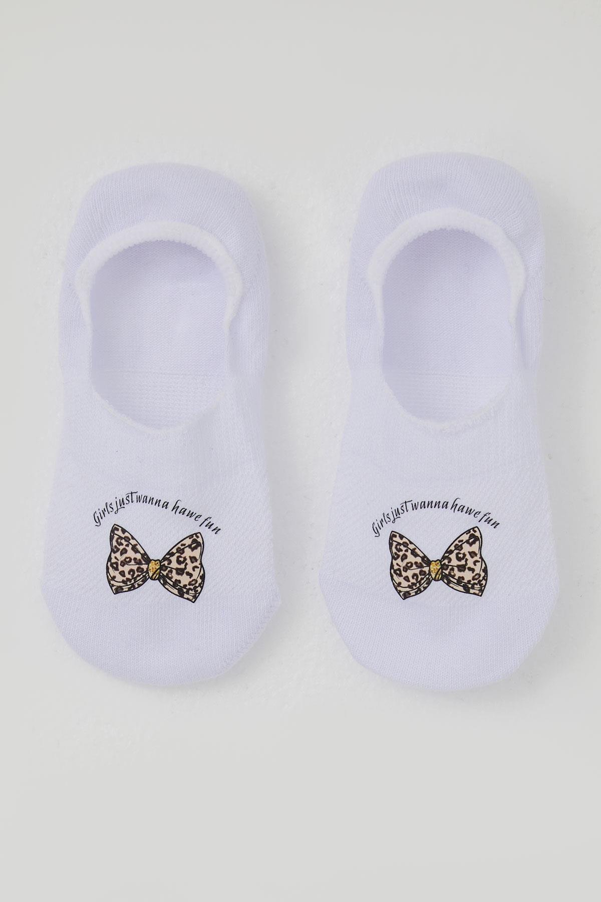 Katamino Kız Çocuk Babet Çorap Fiyonk Baskılı Beyaz (5-14 Yaş)