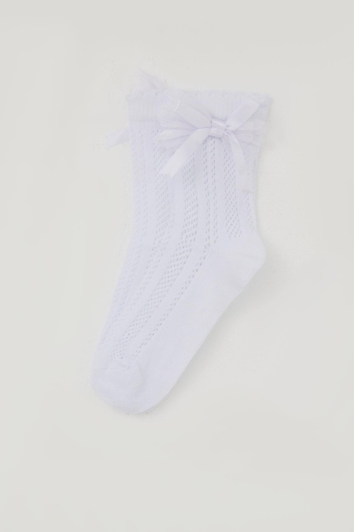Katamino Kız Çocuk File Soket Çorap Bilek Kısmı Fiyonk Aksesuarlı Beyaz (7-8 Yaş)
