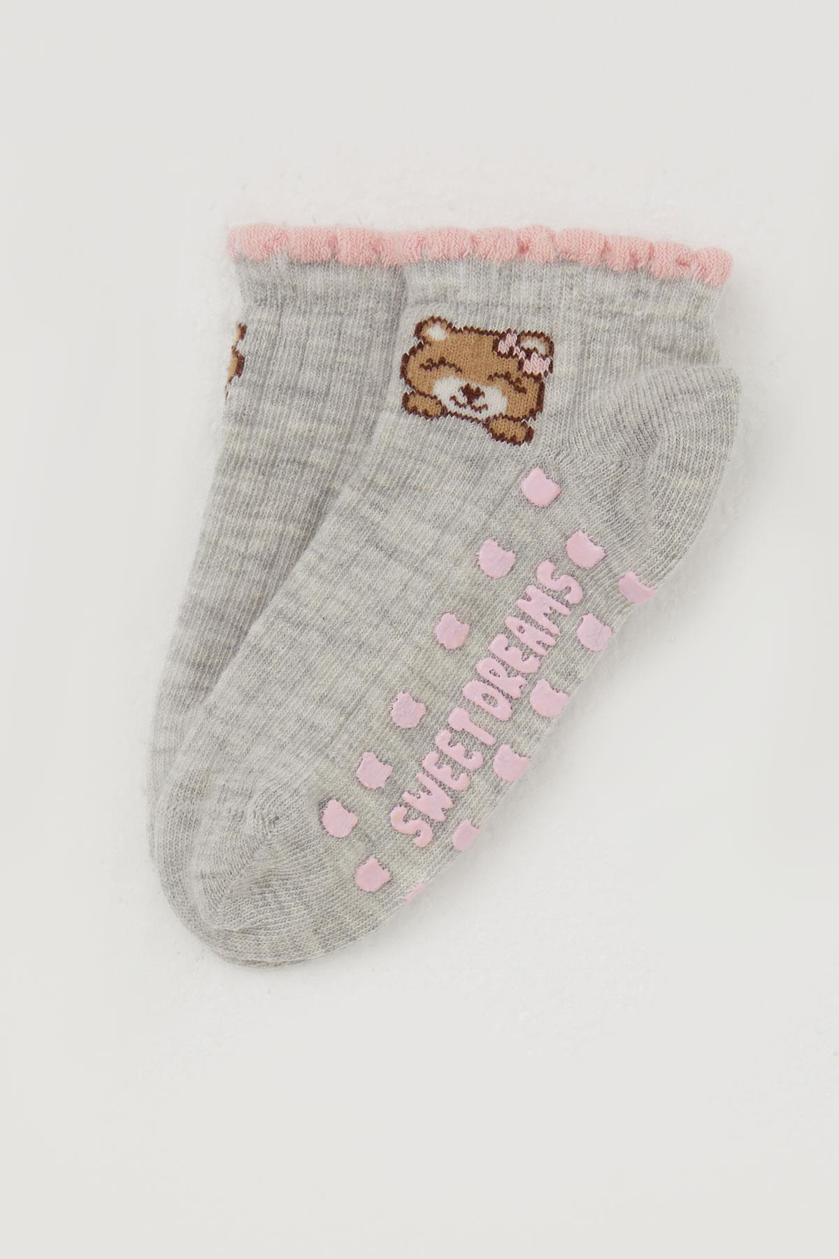 Katamino Kız Çocuk Patik Çorap Abs li Sevimli Ayıcık Baskılı Açık Gri Melanj (1-6 Yaş)