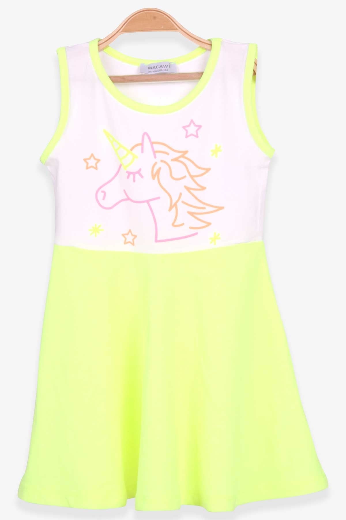 Macawı Kız Çocuk Elbise Unicorn Baskılı Neon Yeşil (3-7 Yaş)